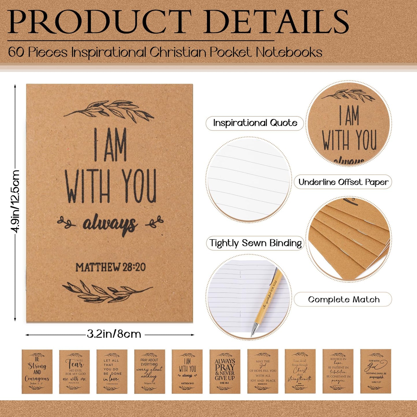 Jutom 60 Set Fathers Day Christian Gift Retractable Bamboo Pens and Kraft Bible Verse Notebooks Religious Inspirational Notebooks with White Organza Gift Bag for Church Pastor Mom Dad Grandparents