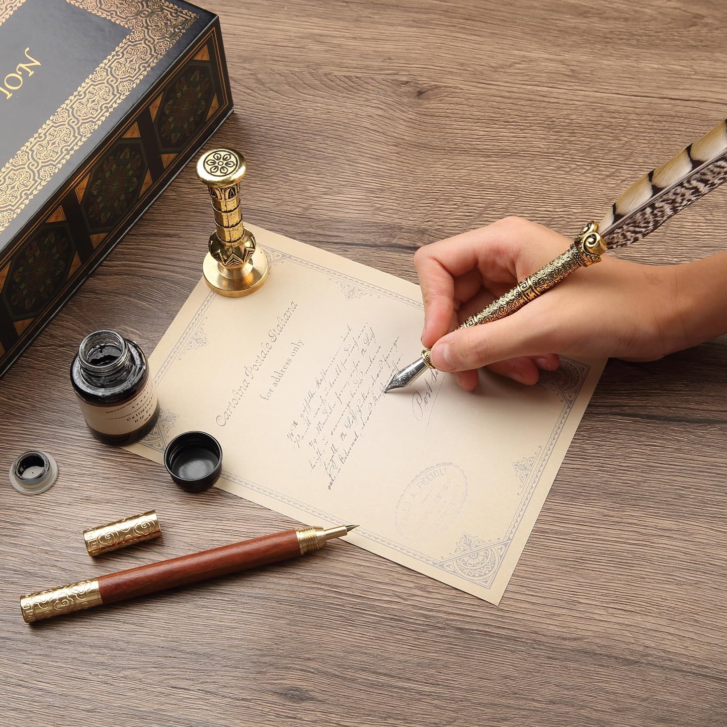 GC QUILL Calligraphy Pen Set - Feather Dip Pen,Dual Tip Calligraphy Fountain Pen, Stamp, Wax Candle, Pen Base, Ink Bottle, Ink Cartridges L1492