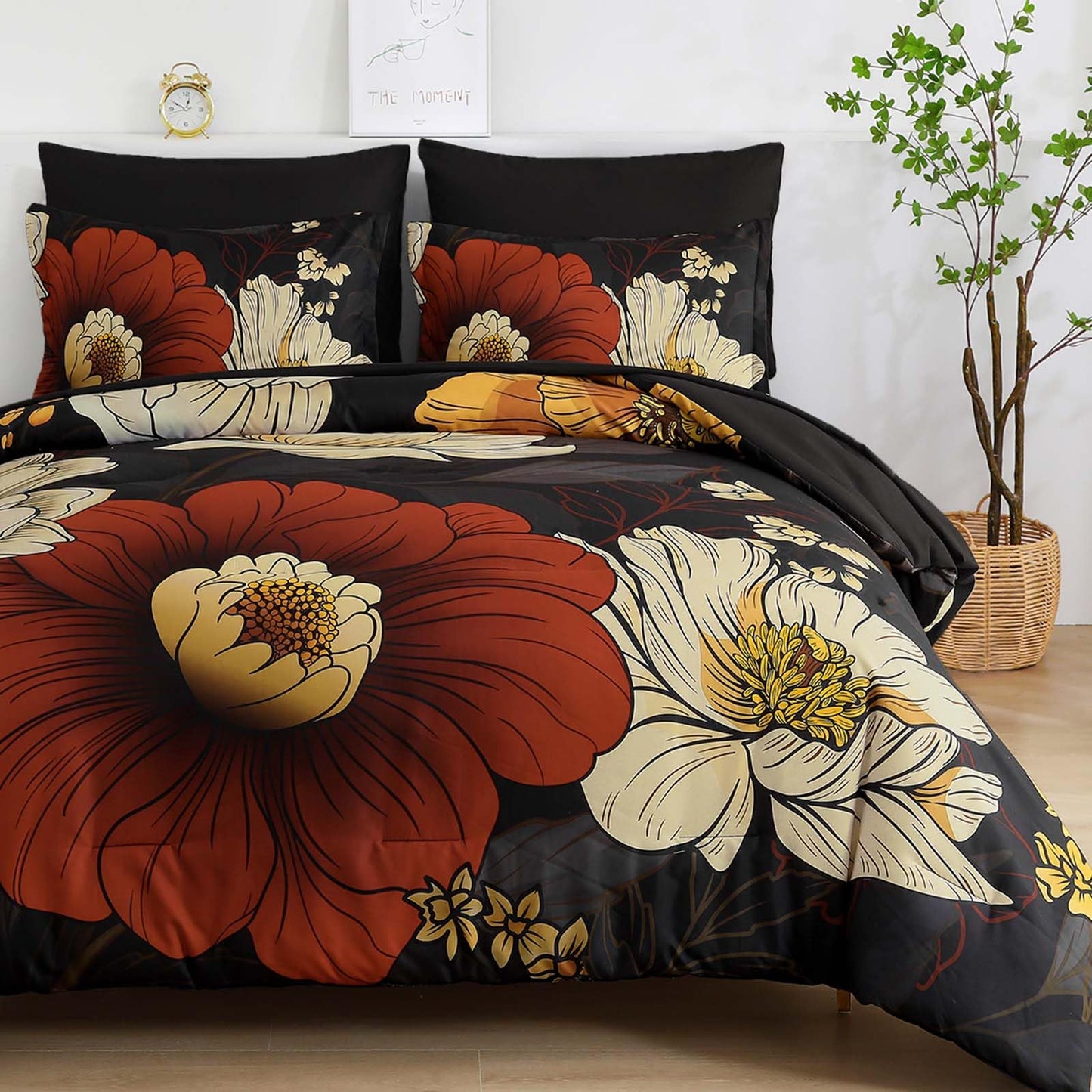 Xruibed Black Floral Comforter Set Queen Size 7 Pieces Bed in a Bag Flower Bedding Sets Lightweight Boho Bed Set with Sheet,Pillowcases&Shams for All Season