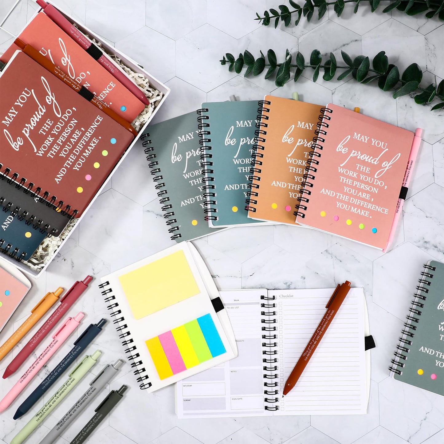 Resurhang 48 Pcs/24 Set End of The Year Teacher Appreciation Gifts Graduation Gift A6 Spiral Notebook with Ballpoint Pen Inspirational Journal for Staff Cna Week Gift(Fresh Color,May You)