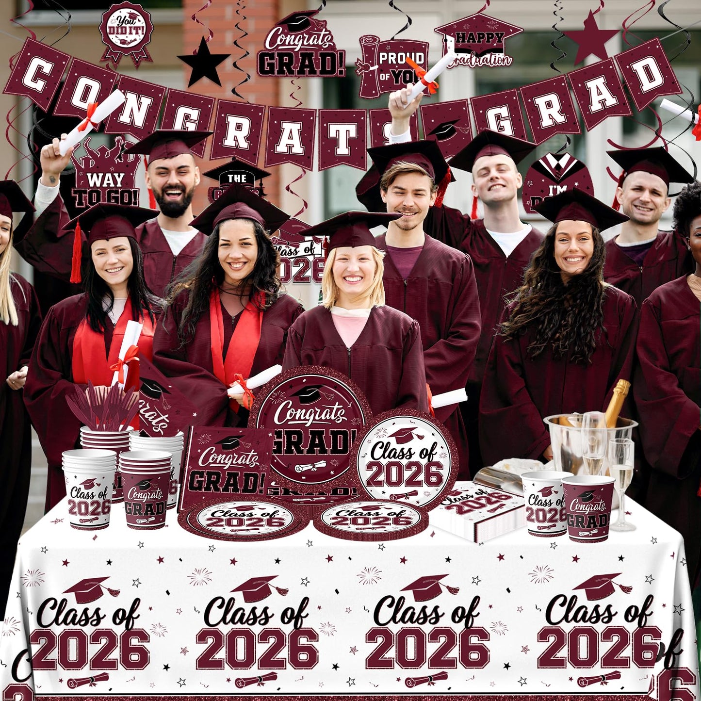 2026 Graduation Decorations Tableware,Maroon White Graduation Plates and Napkins,Class of 2026 Congrats Grad Party Supplies Disposable Tablecloth Cup Knife Fork for Graduation Party Decor,Serve 25