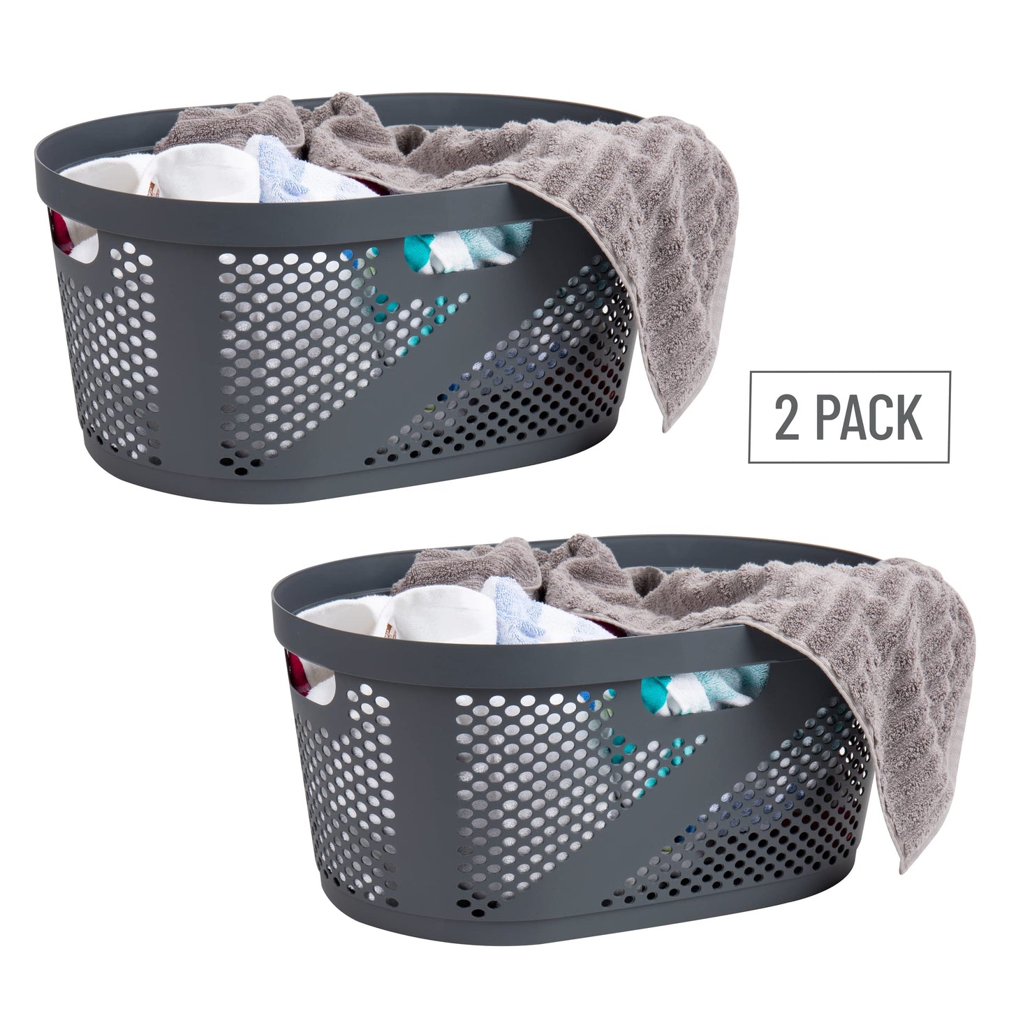 Mind Reader 40L Ventilated Laundry Baskets, Lightweight Clothes Hamper with Cutout Handles for Bathrooms and Closets, Plastic, Set of 2, Gray