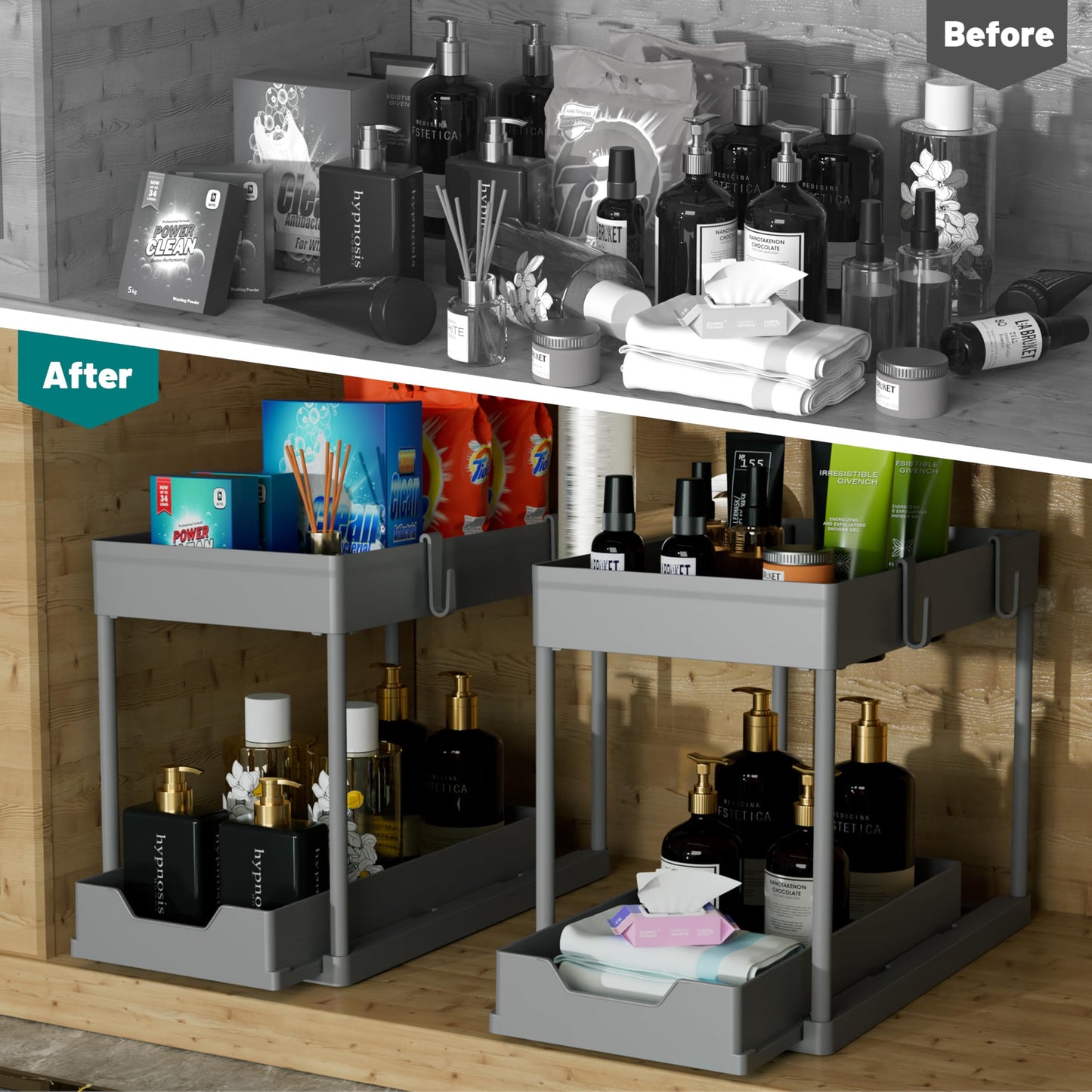 DEKAVA Under Sink Organizer 2 Pack，Bathroom Cabinet Organizer，2 Tier Sliding Cabinet Basket Organizer Drawer, Multi-Purpose Bath Collection Baskets for Bathroom (Grey)