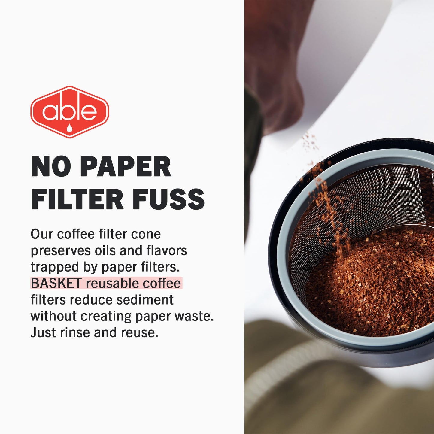 Able Brewing - Able Basket Reusable Coffee Filters, Single-Layer Coffee Filters 8-12 Cup Coffee Makers, 304 Stainless Steel Coffee Filter with 40,000 Precision-Etched Holes, BPA-Free