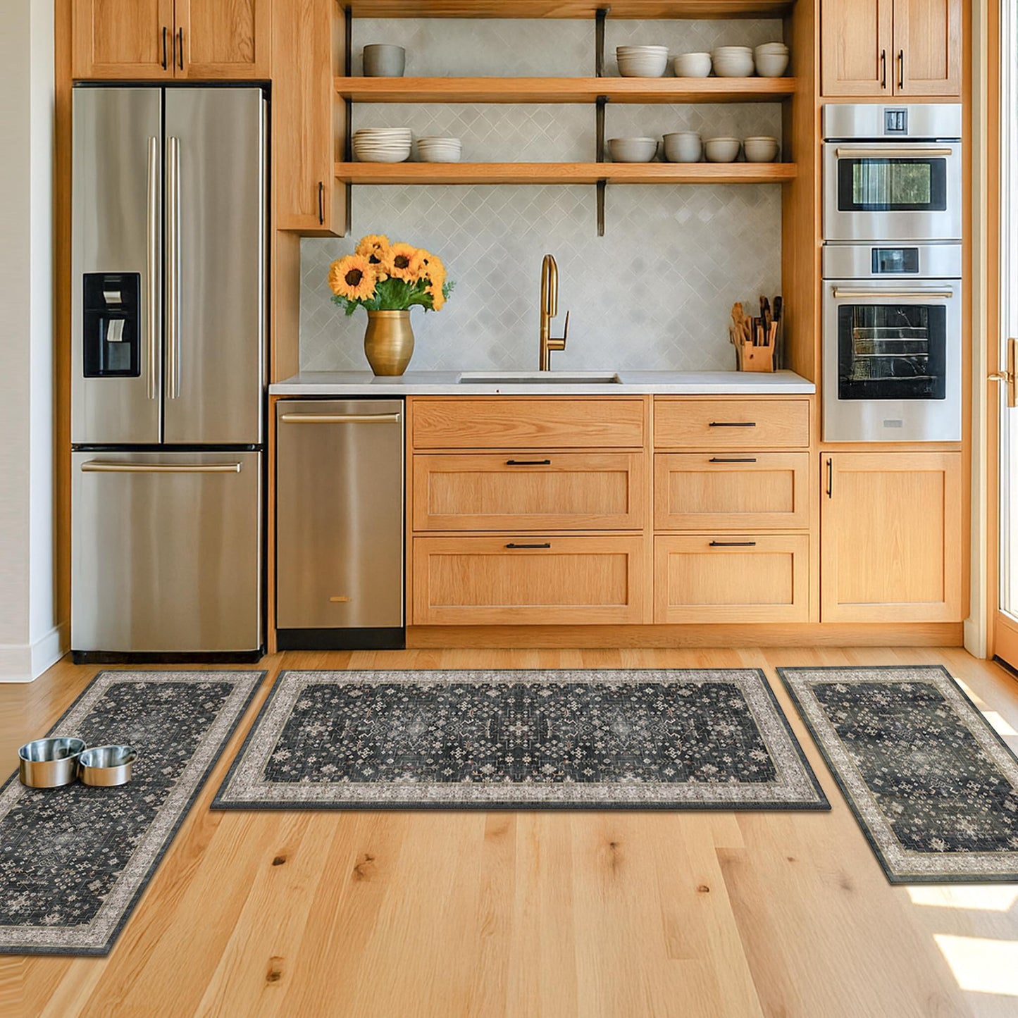 Black Boho Kitchen Rugs Set of 3, Non-Slip Machine Washable Kitchen Floor Mats, Low-Pile Runner Rug for Sink, Entryway, Bathroom, Laundry Room, Bedroom, Vintage Farmhouse Design