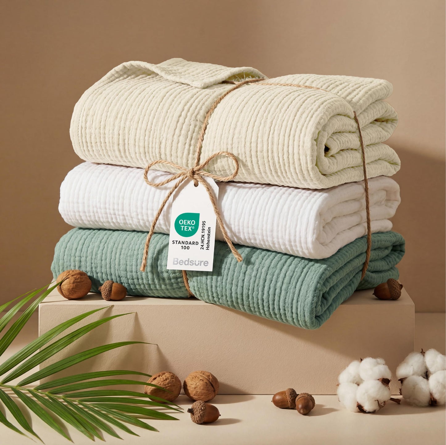 Bedsure 100% Cotton Muslin Blankets for Adults Large Throw 50x70 Inches - 4-Layer Breathable and Lightweight, Soft Boho Gauze Muslin Cotton Blanket for Couch Decor Travel Summer, Linen Beige