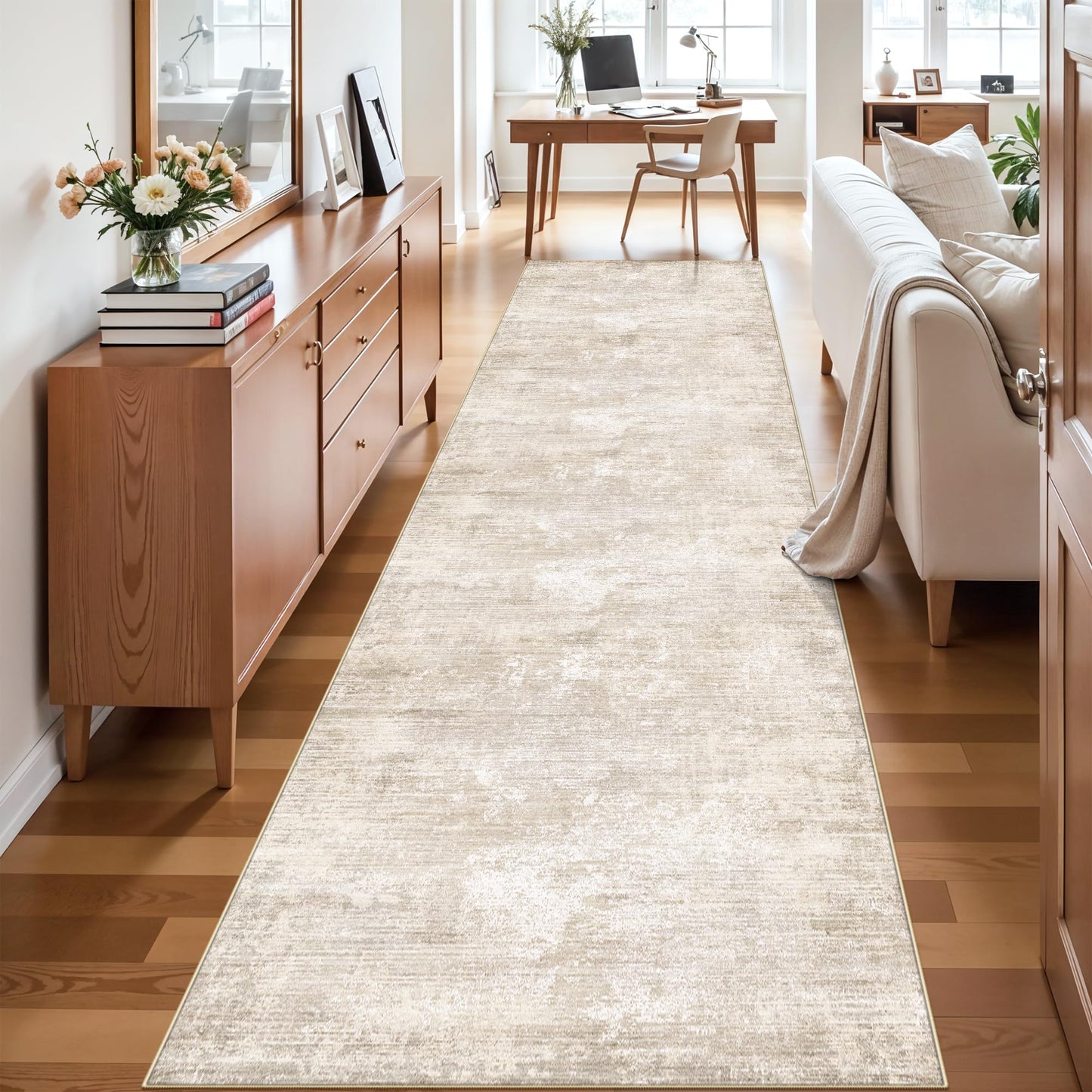 2'6x12 Hallway Washable Runner Rug - Kitchen Rugs Entryway Rug Runner Abstract Soft Floor Mat Non Slip Indoor Farmhouse Carpet for Bathroom Living Room Bedroom (2'6''x12', Beige)