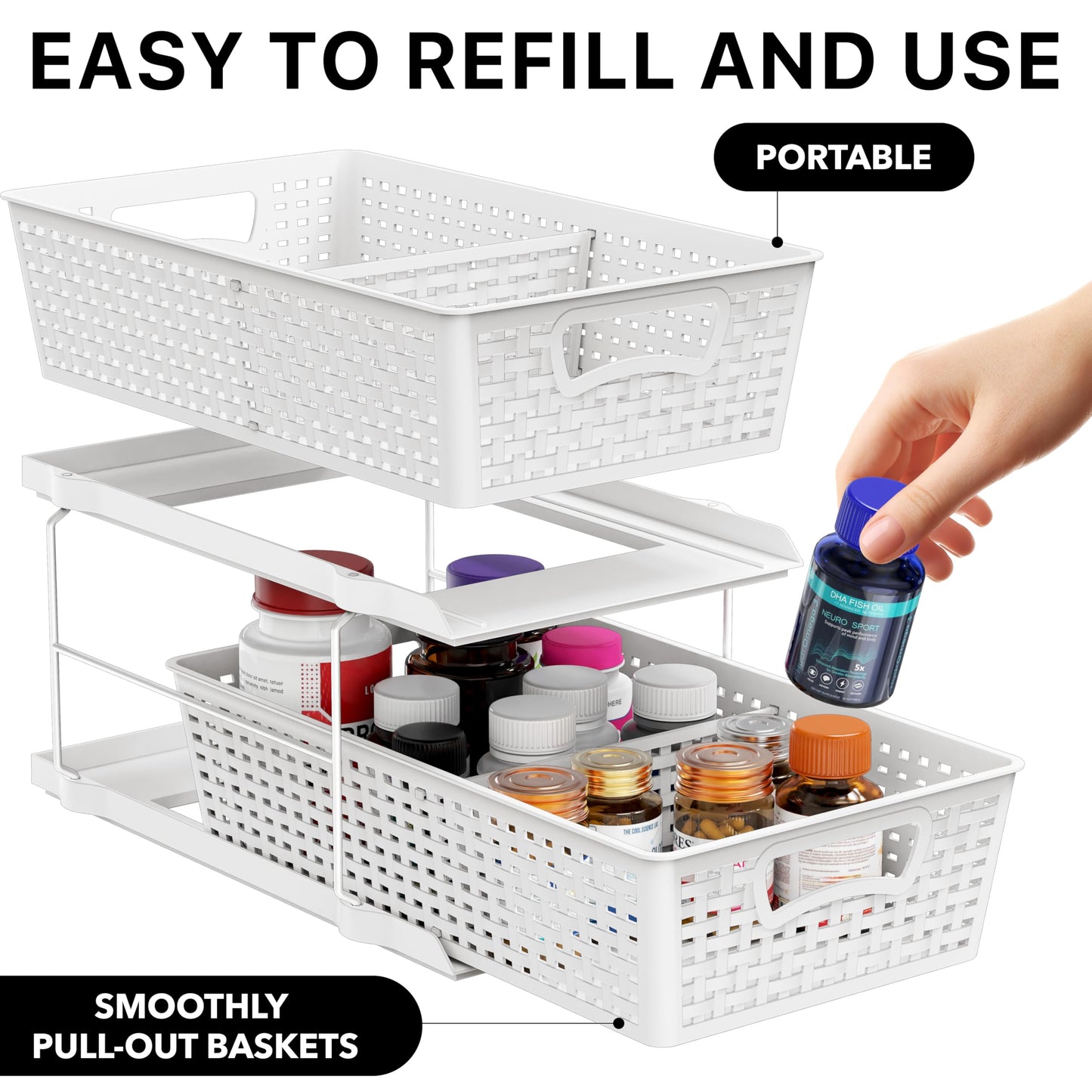 Simple Houseware 2 Tier Bathroom Organizer Tray Pull-Out Sliding Drawer, Under Sink Storage, White