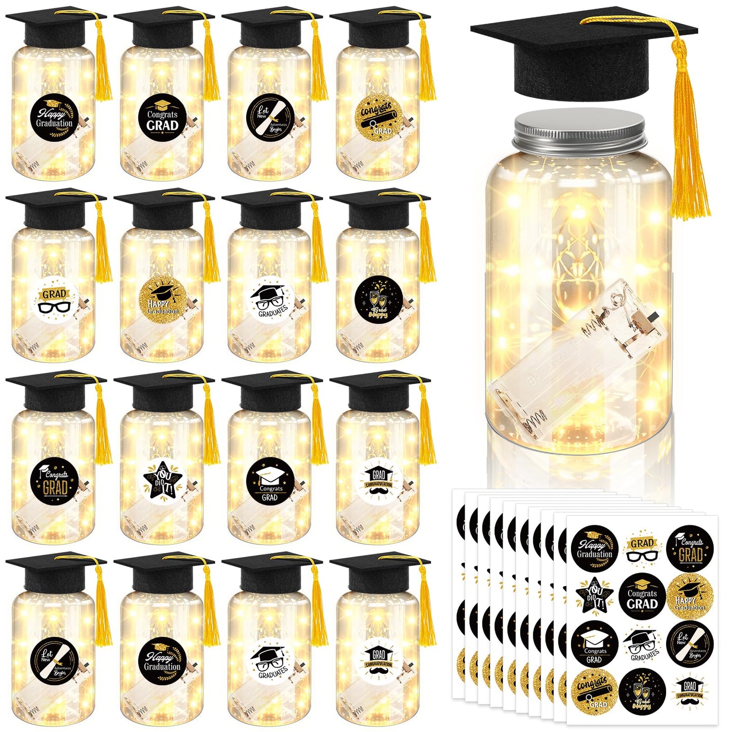Phoncoo 16 Sets 2026 Graduation Table Decoration with LED Lights, Mason Jar Graduation Centerpieces for Tables with Grad Cap, Stickers for College High Middle School Grad Party Supplies Gifts(Black)