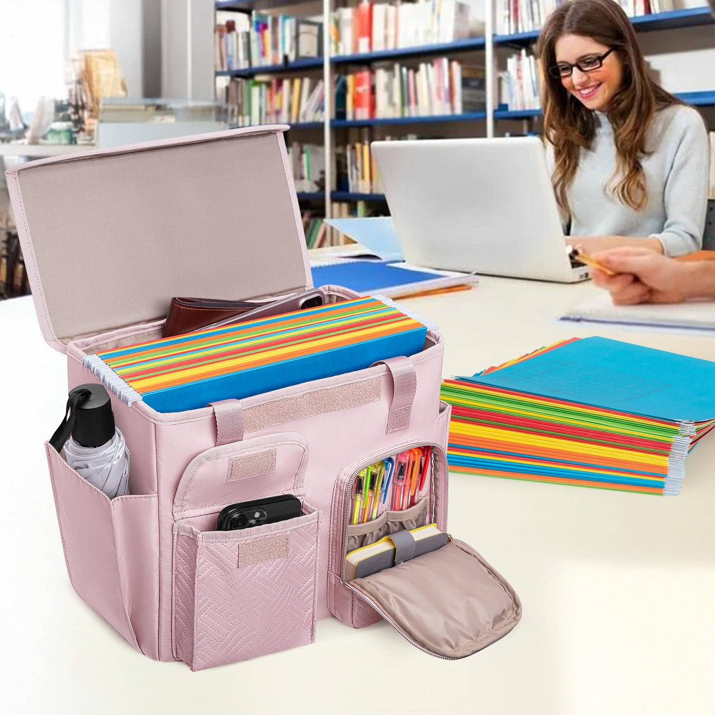 Prokva Hanging File Organizer Box with Lid, Portable Document Organizer Bag with Handle, Suitable for Letter Size Hanging File Folders, Pink