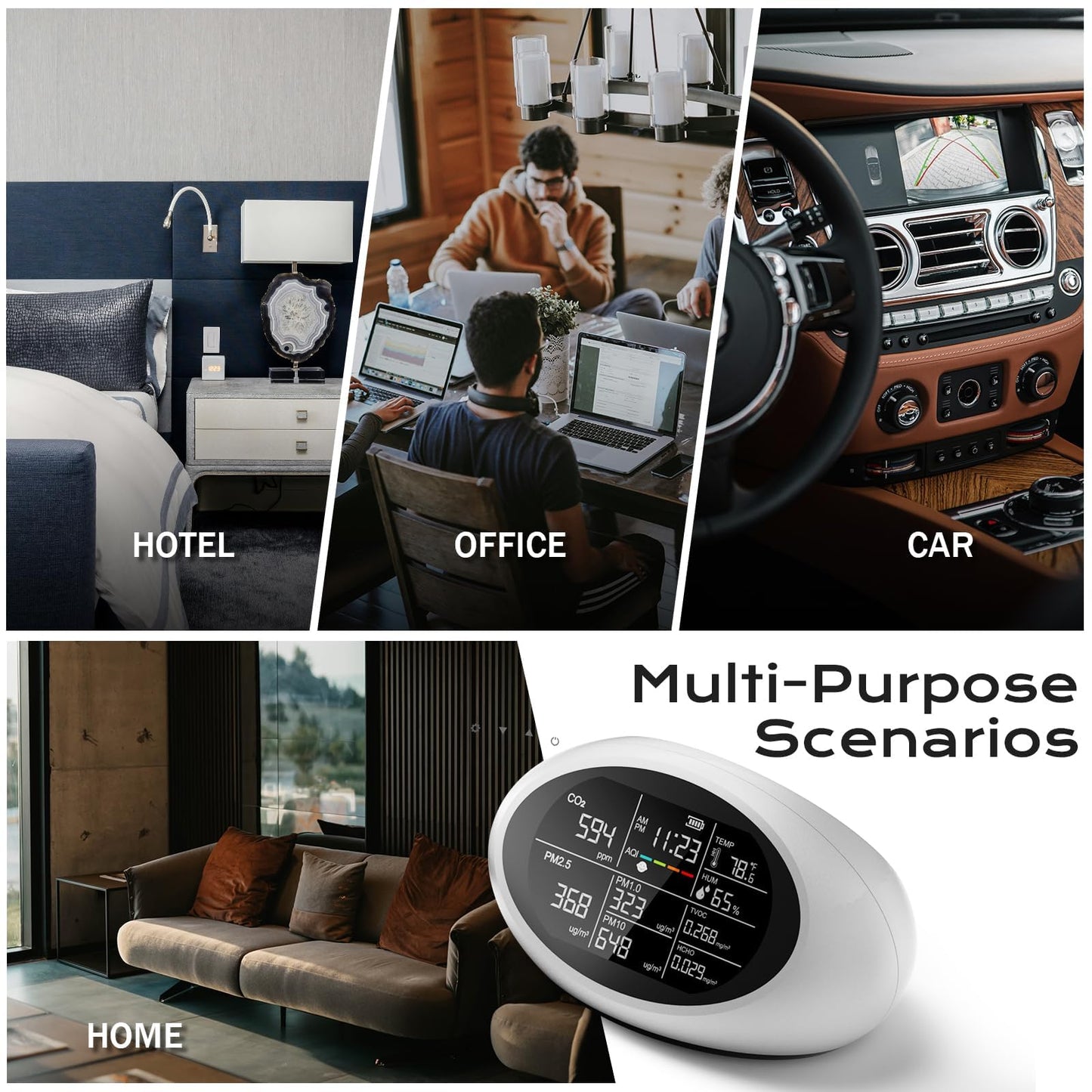 12-in-1 Air Quality Monitor Indoor, Portable Air Quality Monitor, for CO2, PM1.0, PM2.5, HCHO, TVOC and Others, Air Quality Tester for Home, Hotel, Office, Car, Battery Powered Air Monitor (White)