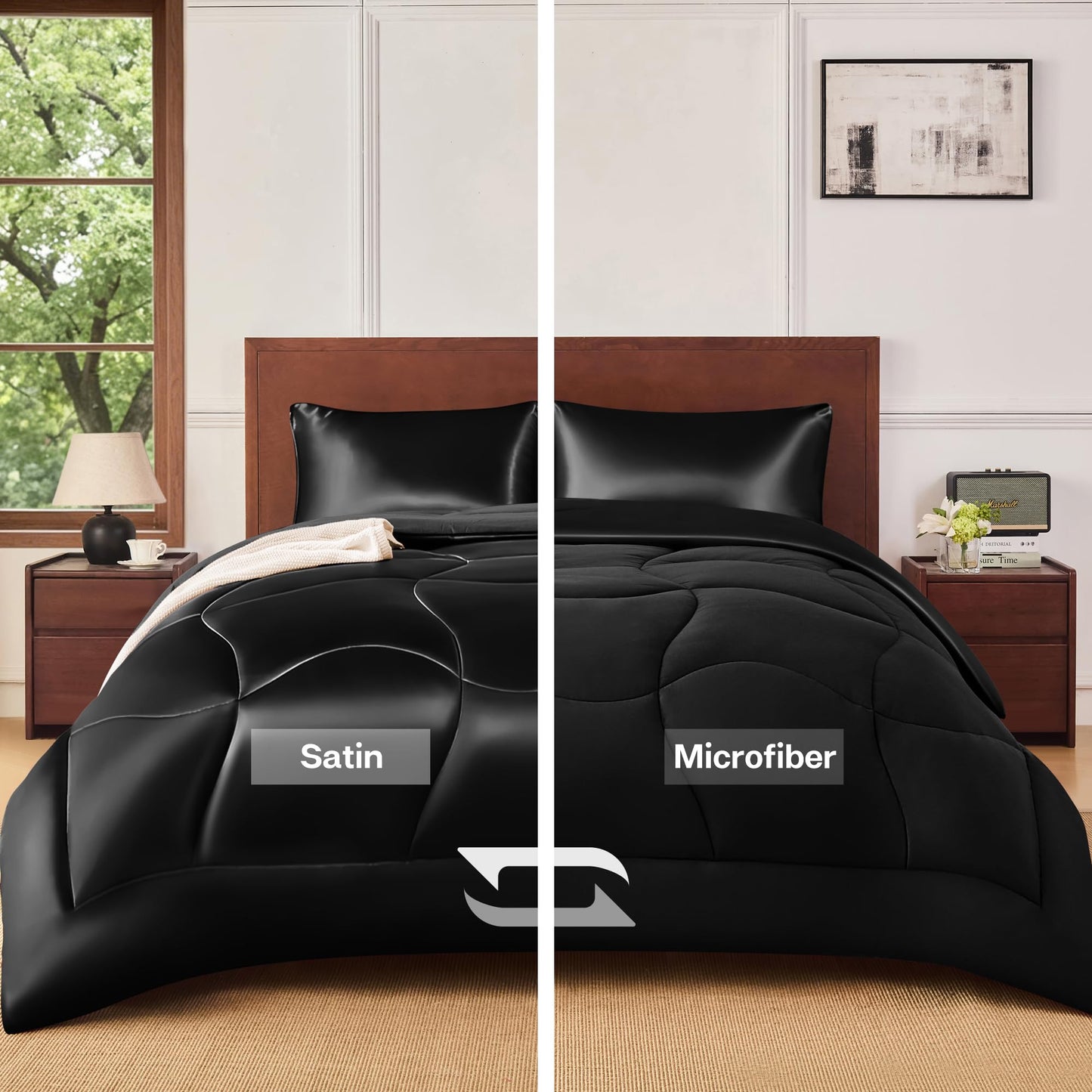 MR&HM Queen Comforter Set Black, Reversible Satin Microfiber Comforter Set for All Seasons, 3 Pieces Non-Slip Silky Soft Bedding Sets with 1 Comforter (90"x90") and 2 Pillowcases (20"x26")