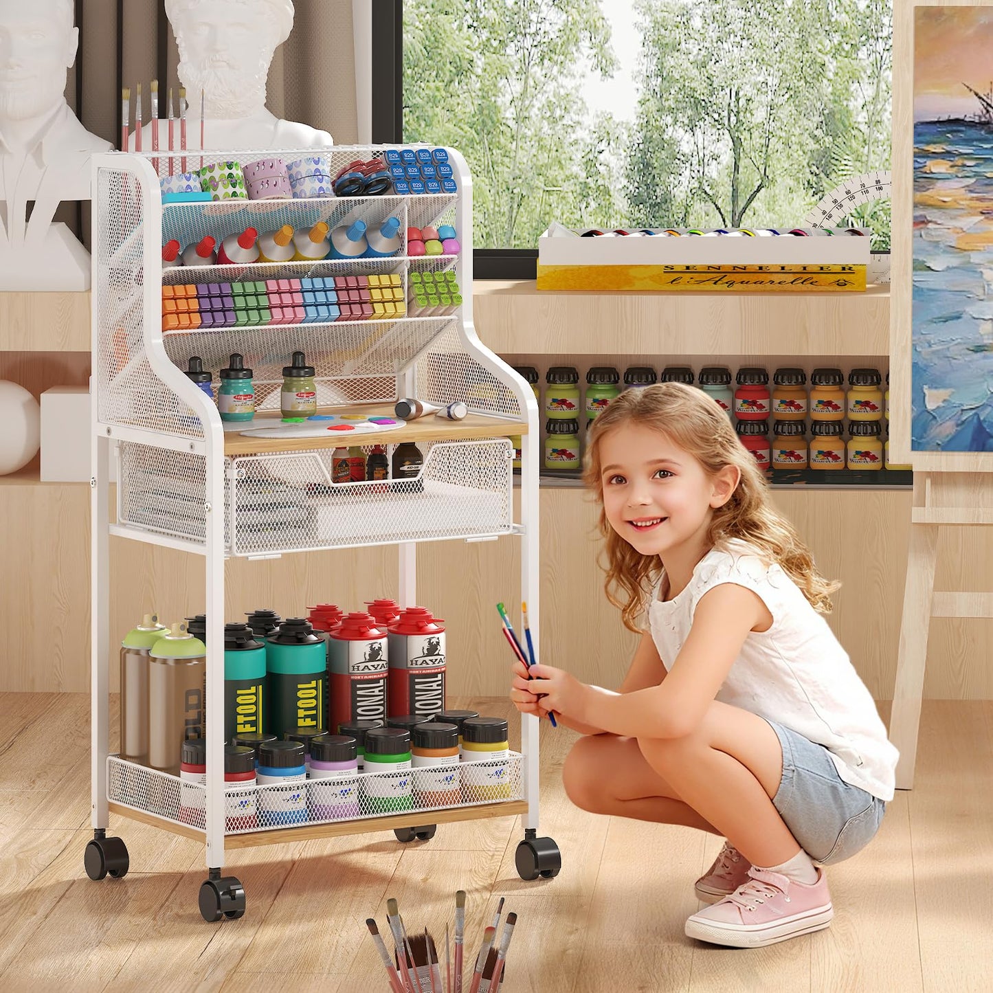 Small Utility Rolling Cart with Drawer, White Craft Organizer and Storage, Metal Craft Cart with Lockable Wheels, 6 Tiers Craft Storage Paint Organizer, Store for Brushes Paints Artifacts Small Parts
