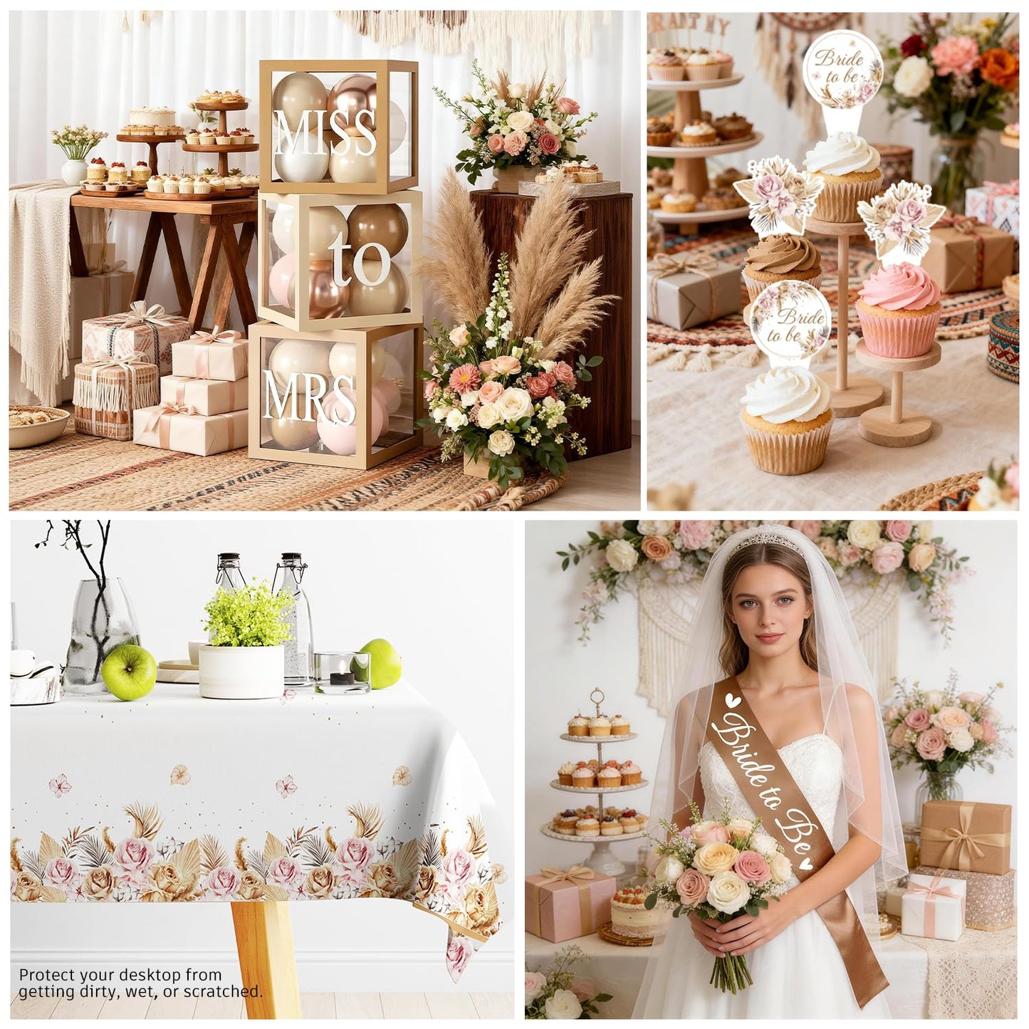 cocomigo 301pcs Boho Bridal Shower Decorations Complete Party Set, Serves 25 Guests, Boho Wedding Engagement Theme Bridal Shower Decorations, includes Balloon Arch Box Tableware Veil Shoulder Straps