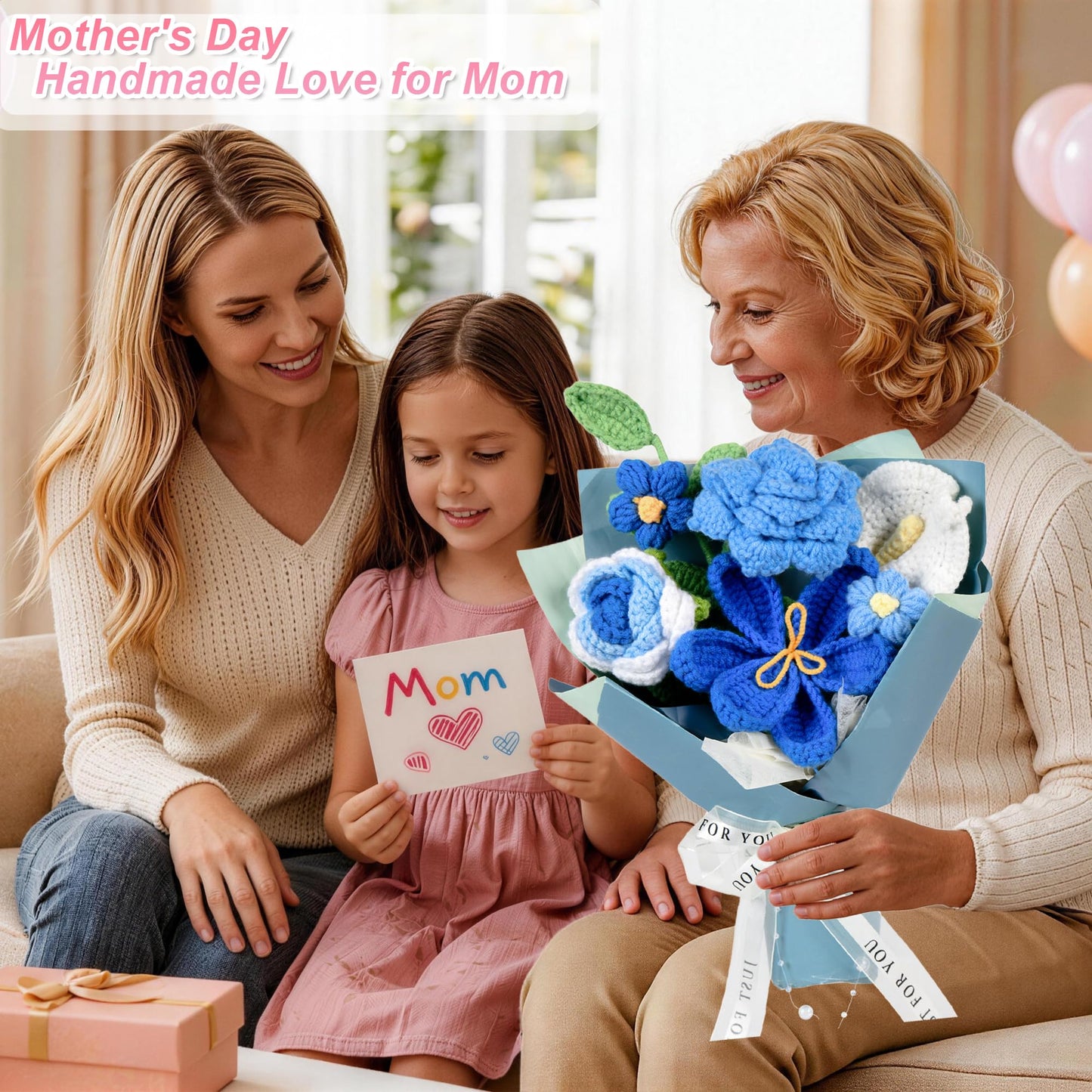 MengxFly Crochet Flower Bouquet Blue, Graduation Flowers Bouquet, Handmade Knitted Floral Gift for Her, with Gift Box, Bag and Card