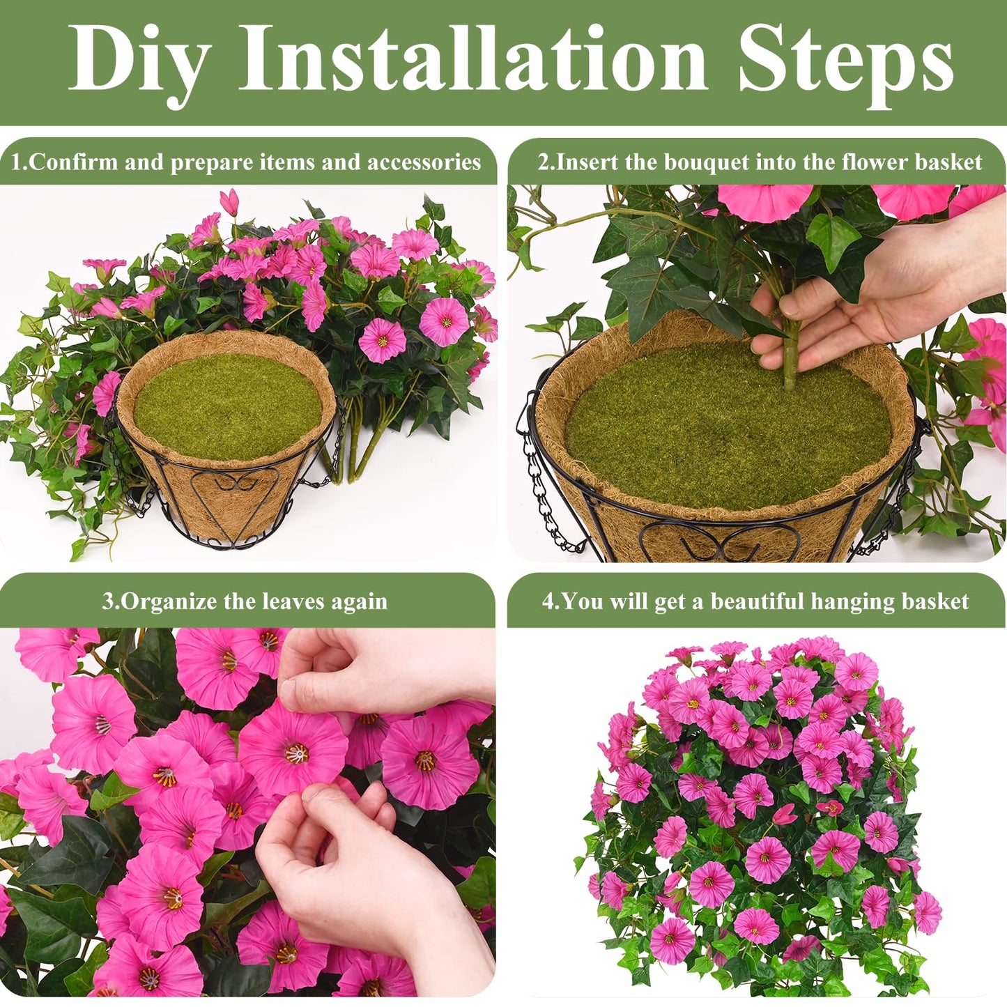 Waipfaru Artificial Hanging Baskets with Flowers, Fake Hanging Plants Outdoors, Urn Fillers for Outside Summer Decor (Fuchsia)