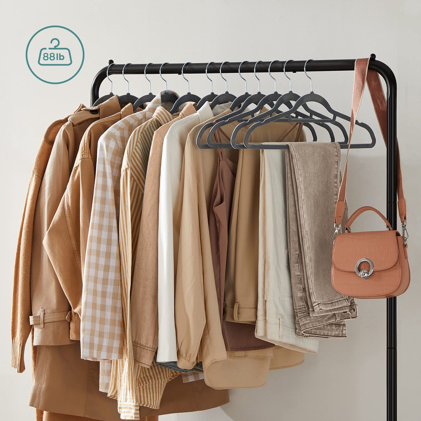 SONGMICS Clothes Rack with Wheels, Clothing Rack for Hanging Clothes, 25.4 mm Metal Garment Rack with Dense Mesh Storage Shelf, 110 lb Load Capacity, 2 Brakes, Black UHSR25BK