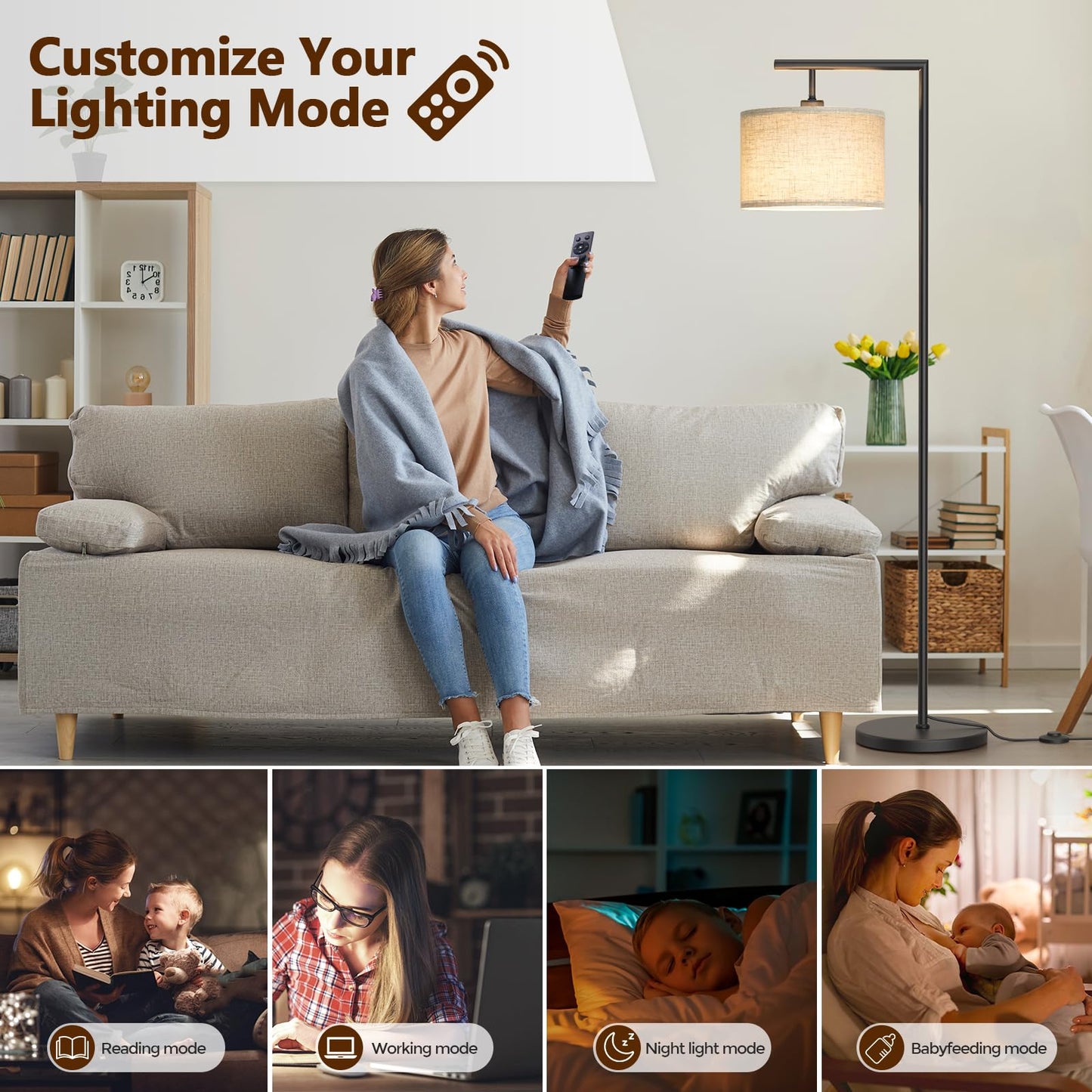 CNXIN Floor Lamps with Remote Control and Stepless Dimmable Color Temperature and Brightness Standing Lamp with Adjustable Beige Linen Lampshade Pole Lamp for Bedroom Office, 9W Bulb Included, Black