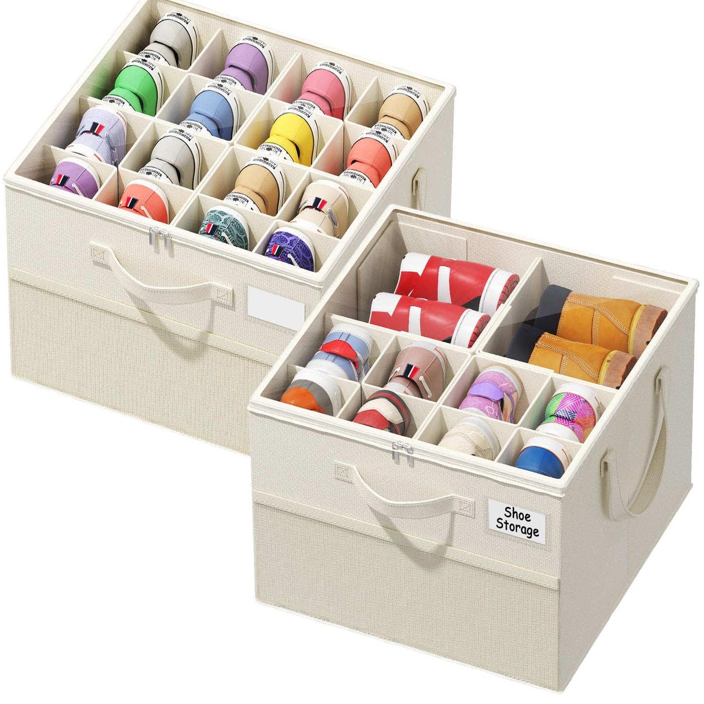 NestOrganix 2 Pack Shoe Organizer for Closet, Large Shoe Box Storage Containers, Foldable Shoe Storage Organizer Box Bin with Adjustable Dividers and Clear Cover, Space Saving Shoes Holder, Beige