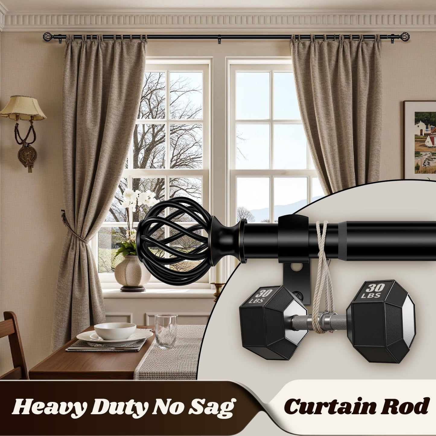 Curtain Rods for Windows 36-120 Inch(3-10Ft), Matte Black Long Decorative Curtain Rod Adjustable, Heavy Duty 1 Inch Drapery Rod for Living Room Bedroom Kitchen Outdoor