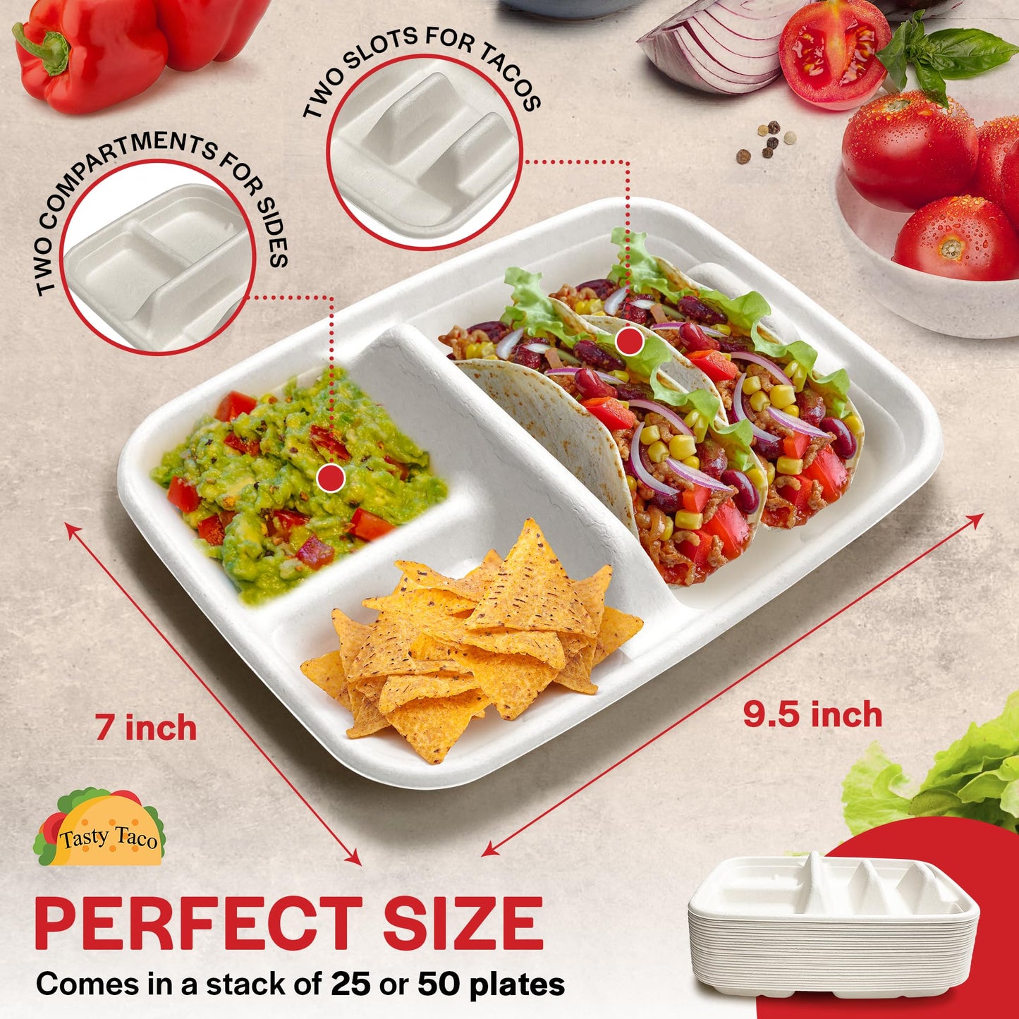 White Disposable Taco Plates for 2 Tacos & 2 Sides – 50 PACK | Premium Paper Plates with Dividers, Fiesta Taco Holder, Taco Stand for Taco Tuesday & Taco Bar Serving Set (White, 50 plates)