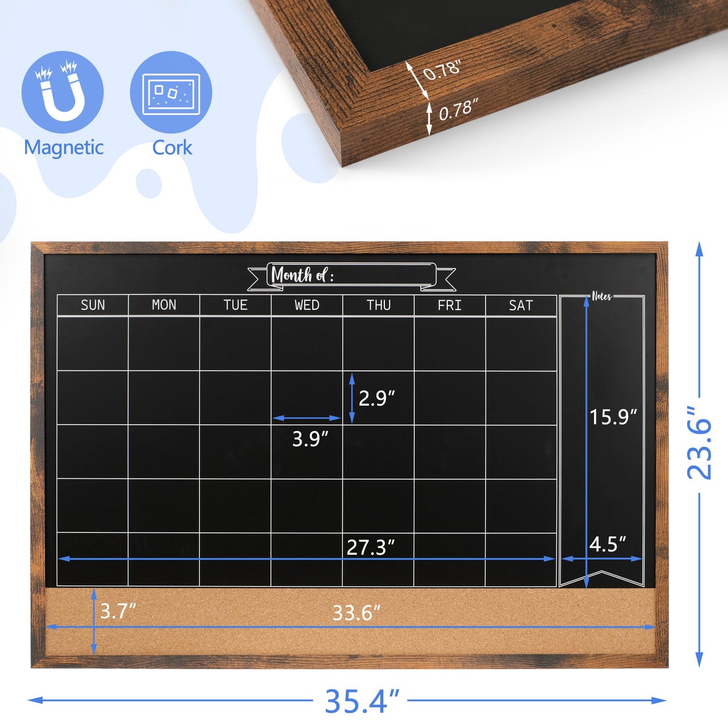Board2by Monthly Chalkboard Calendar & Cork Board Combo, 24" x 36", Magnetic, Wall Mounted, Blackboard for Office, Kitchen, School, Home