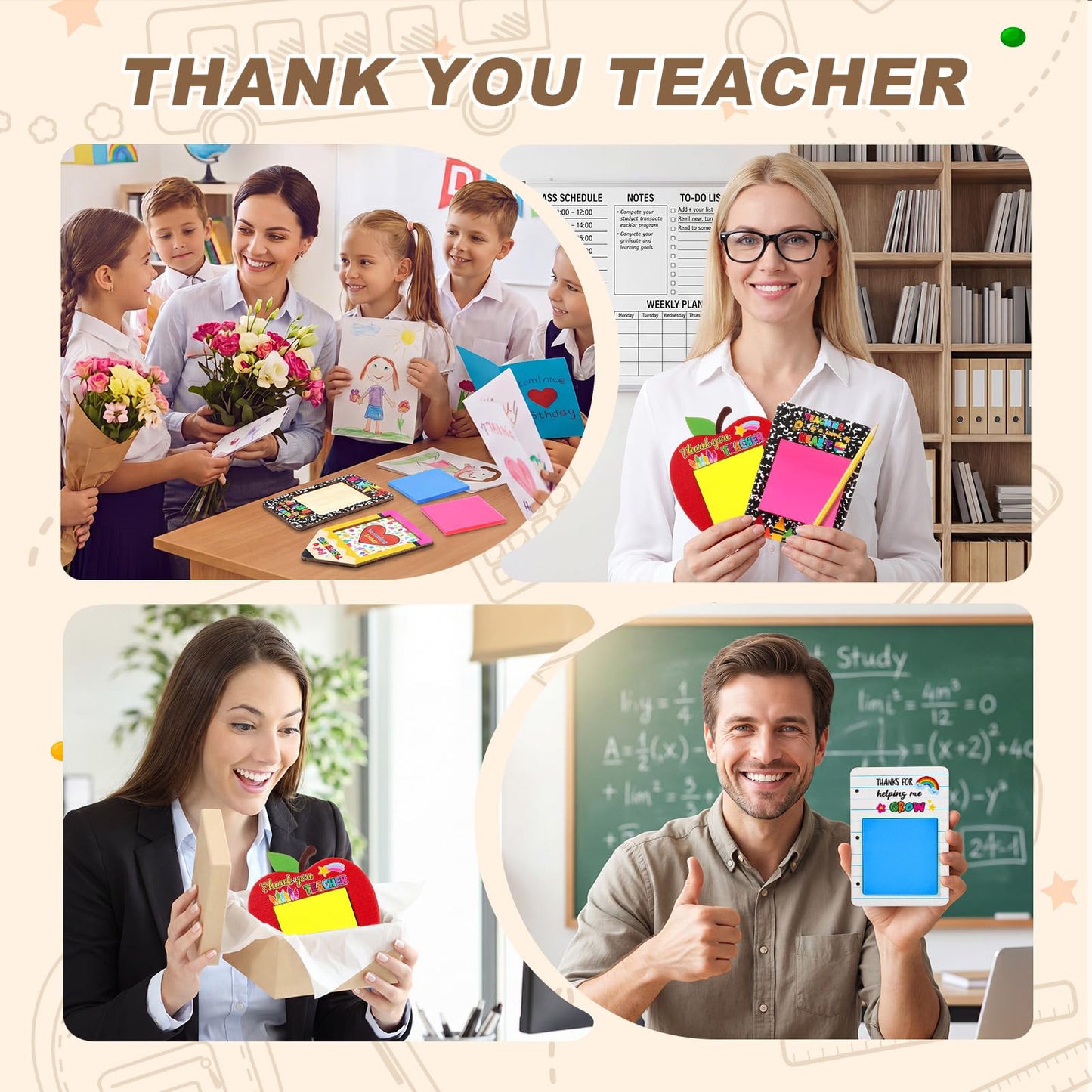 Epakh 24 Sets End of Year Teacher Gifts Bulk Sticky Note Pad Holder with Sticky Notes Thank You Teacher Appreciation Gifts Pencil Apple Composition Notebook Design for Graduation Coworker Employee