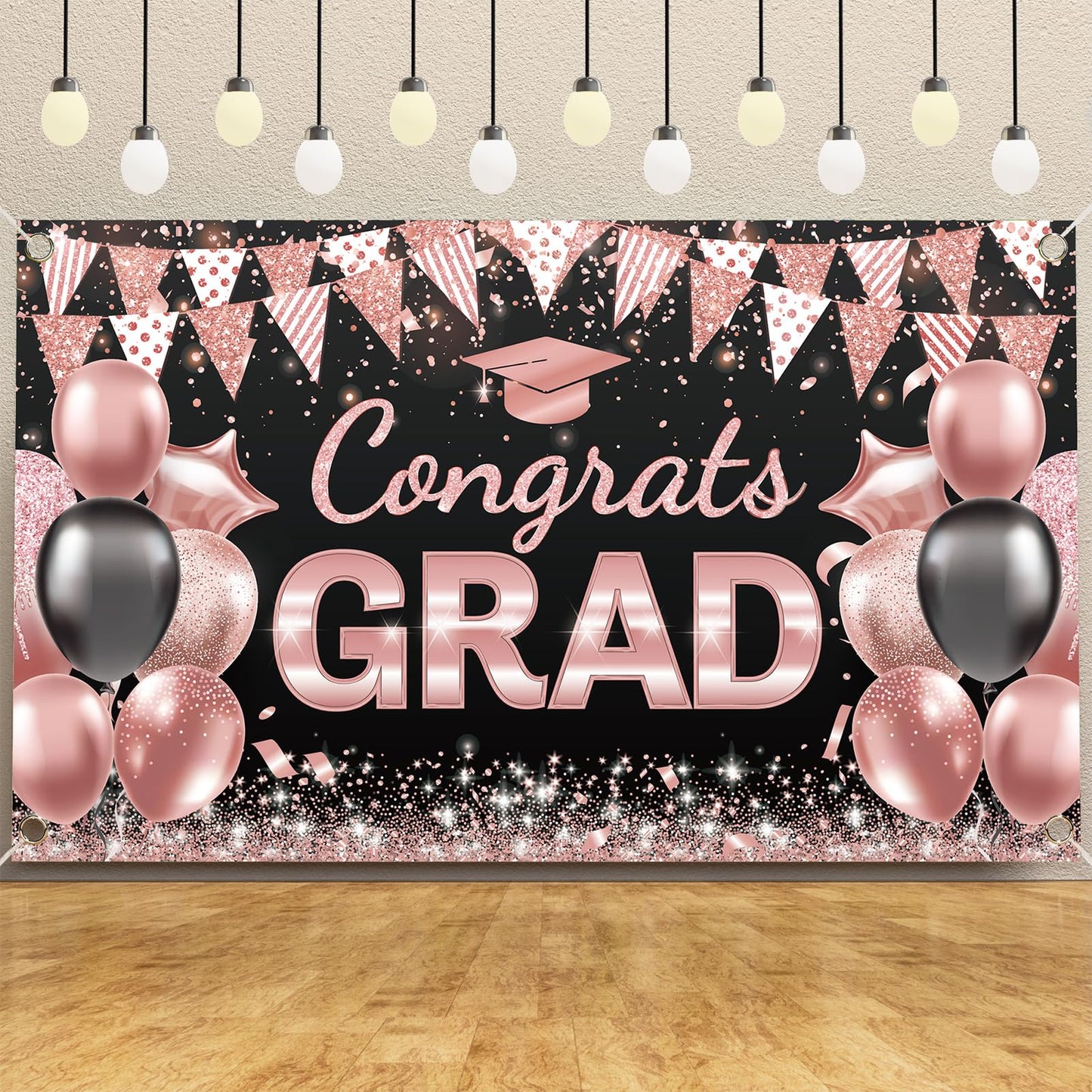 Ecomore 2026 Graduation Decorations - 245 PCS Grad Disposable Dinnerware(Serve 25) & Graduation Party Supplies With Congrats Paper Plate Cup Napkin Tablecloth Backdrop Balloon - Black Pink Rose Gold