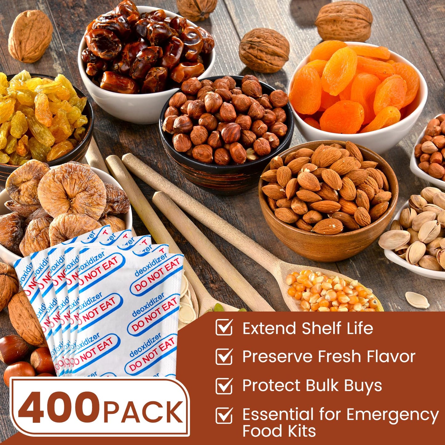 400 Counts 500cc Food Grade Oxygen Absorbers, 10 Individually Vacuum Sealed Packs with Oxygen Indicator, Oxygen Absorber Packets for Long Term Storage in Mylar Bag,Canning Jars, Freeze Dryer Storage