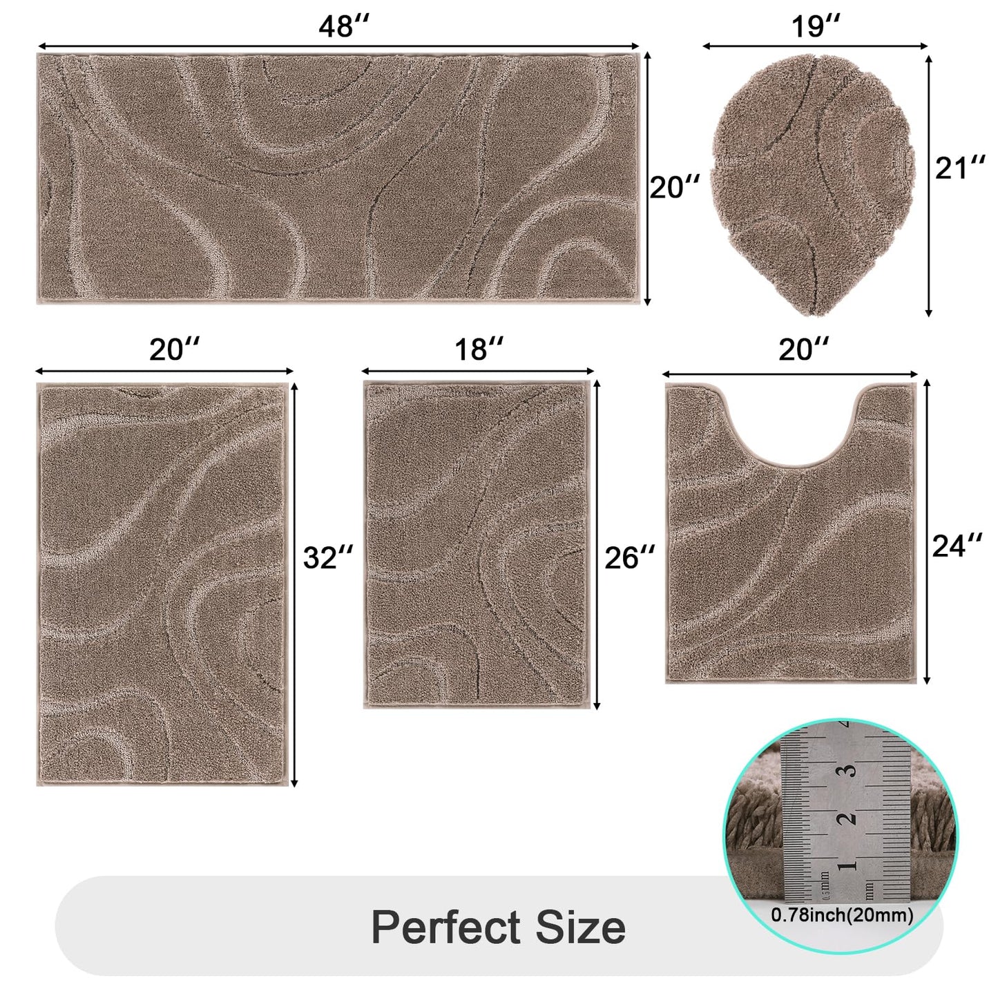 HEBE Bathroom Rugs Sets 5 Piece, Soft Absorbent Microfiber Bath Mat for Bathroom, Non Slip Washable Bath Rug Set with Toilet Cover, Bath Runner and U-Shaped Contour Toilet Rug, Coffee