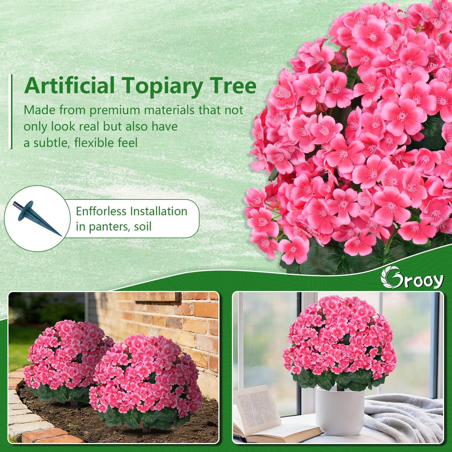 Grooy Artificial Plants Flowers Topiary Ball for Outdoor, 2 Pack Fake Silk Crabapple Flower Plant Bushes, UV Resistant Realistic Plants Shurbs for Outside,Front Porch,Patio,Yard(Pink)
