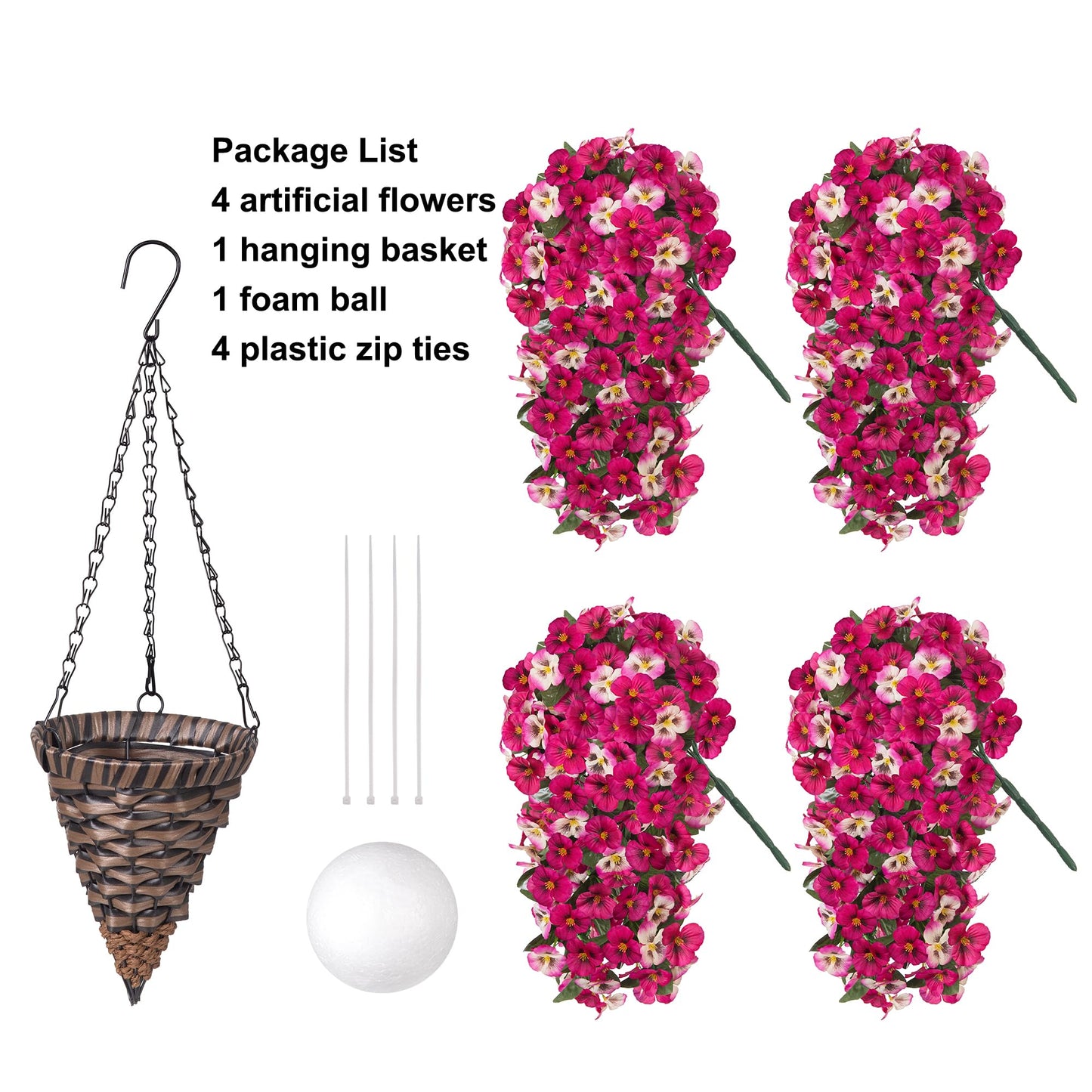 HyeFlora 4pcs Artificial Flowers for Outdoors Fake Pansy with Hanging Basket UV Resistant Silk Spring Faux Flowers for Outside Front Door Porch Yard (Mix Rose)