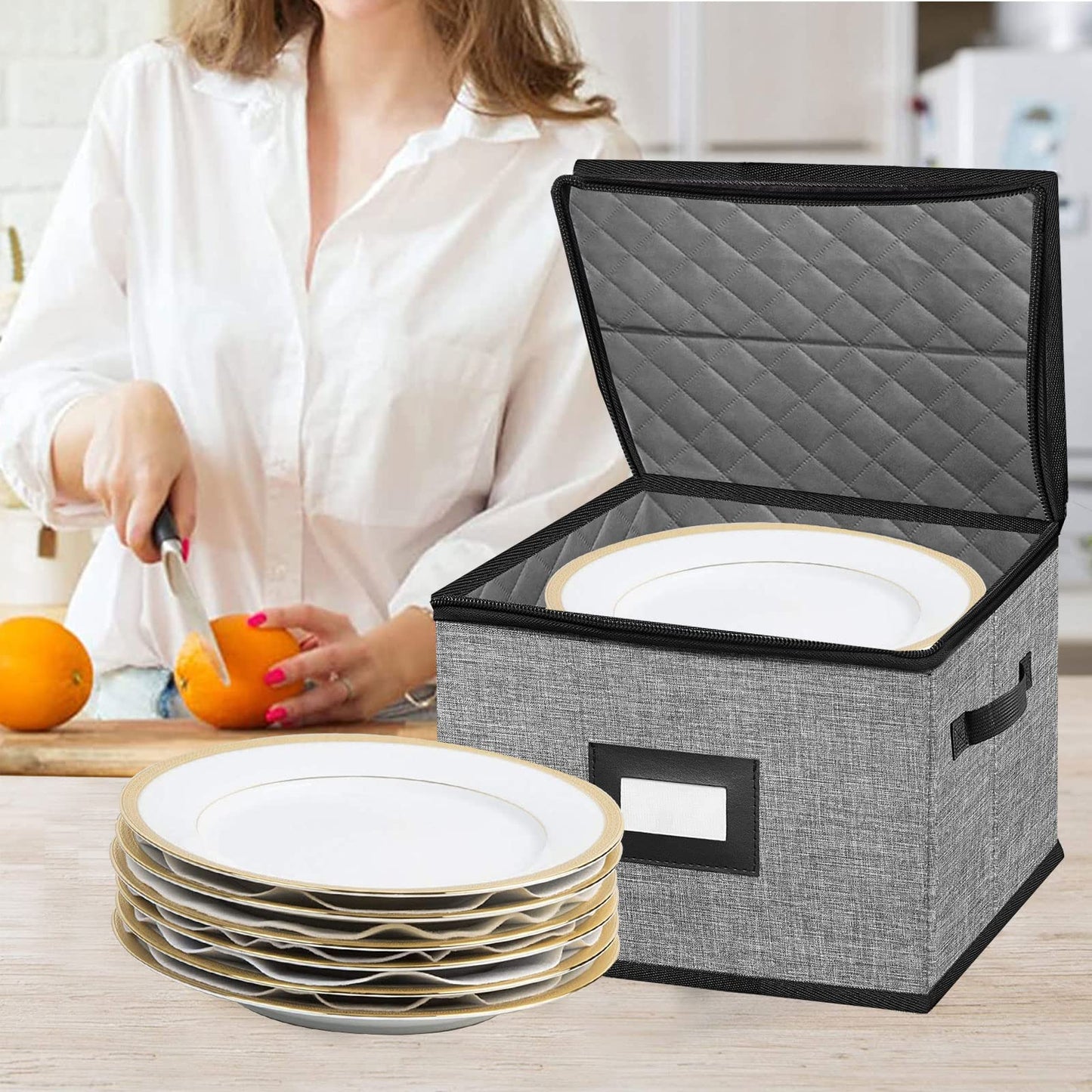 ouruer China Storage Containers-Quilted Dish Storage Containers with Lid Hard Shell for Moving Transport, Dinnerware Storage,Stackable Plate Storage,24 Felt Plate Dividers Included,2PACK 12*12*8in