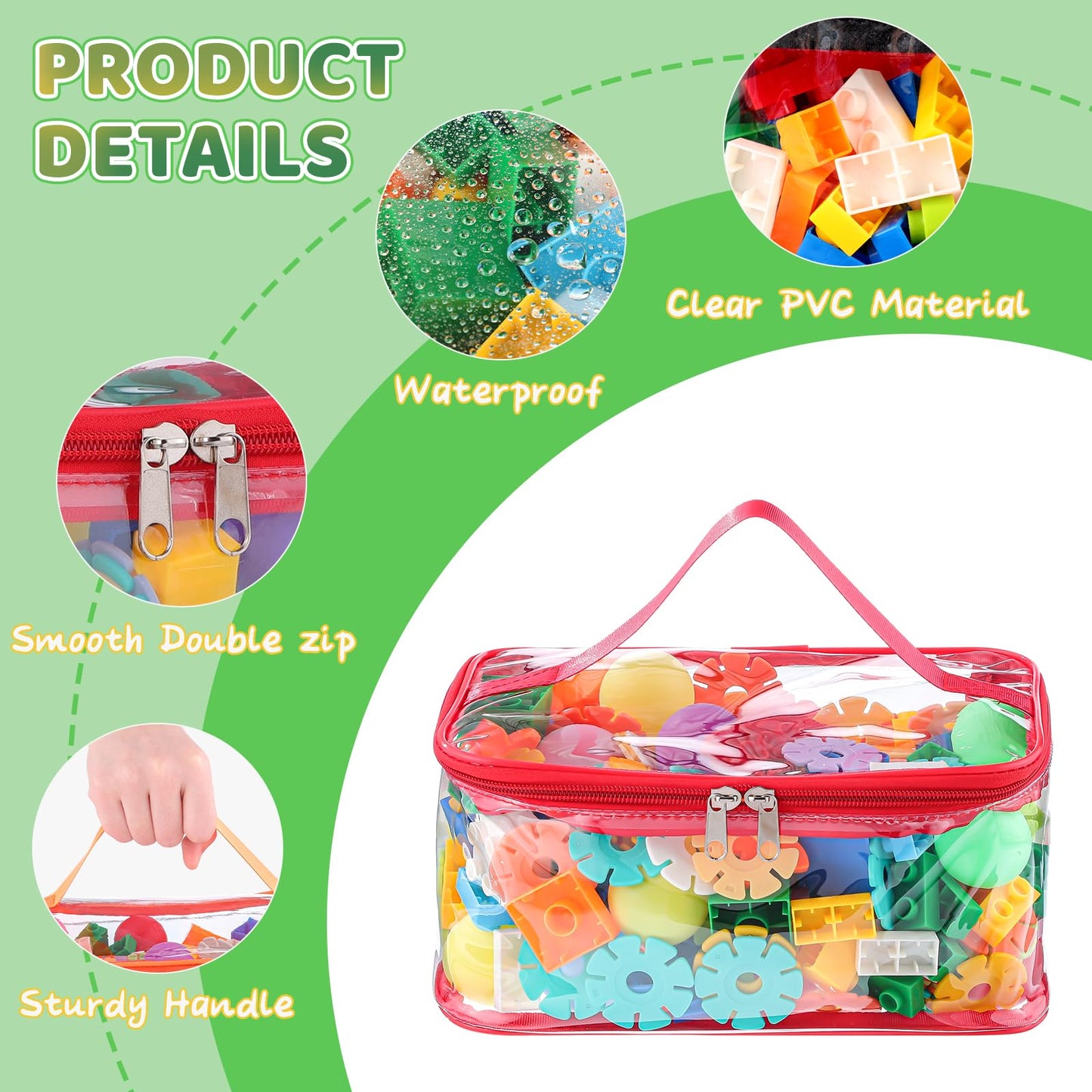 6 Packs Clear Toy Storage Bags, Colorful PVC Waterproof Toy Organizer with Zip Reusable Bags for Building Blocks, Board Game, Puzzles, Kids Books, Stationery