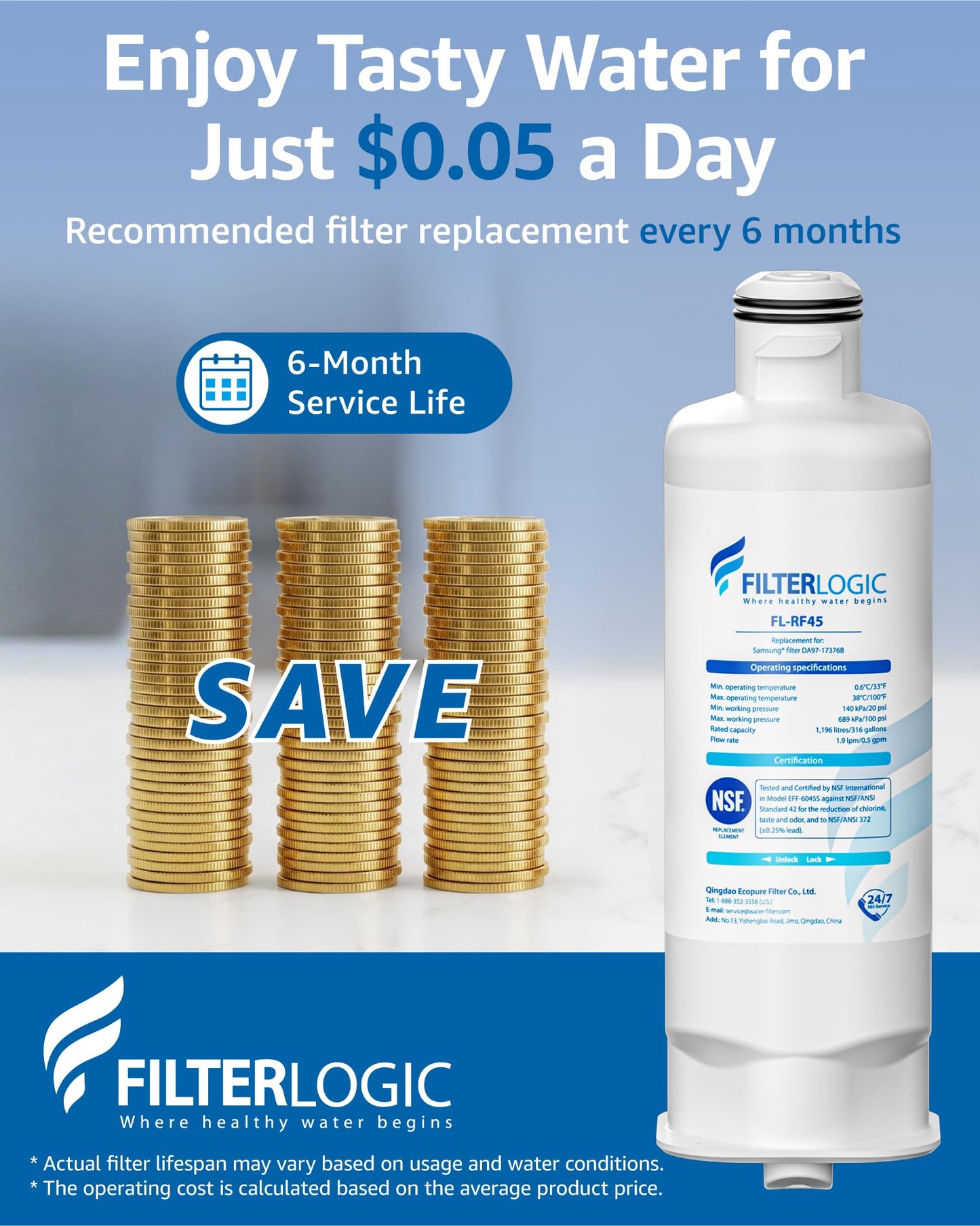 Filterlogic FL-RF45 Refrigerator Water Filte, Replacement for Samsung® DA97-17376B, HAF-QIN/EXP, DA97-08006C, RF28R7201SR, RF28R7351SG, 4 Pack