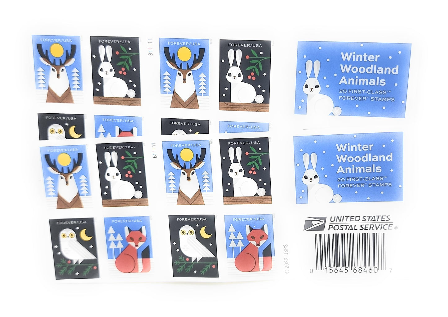 Winter Woodland Animals (2 Booklets of 20) Forever Postage Stamps (a Deer, Fox, Rabbit, and Owl) 2023 Scott #5822-5825,40 Stamps