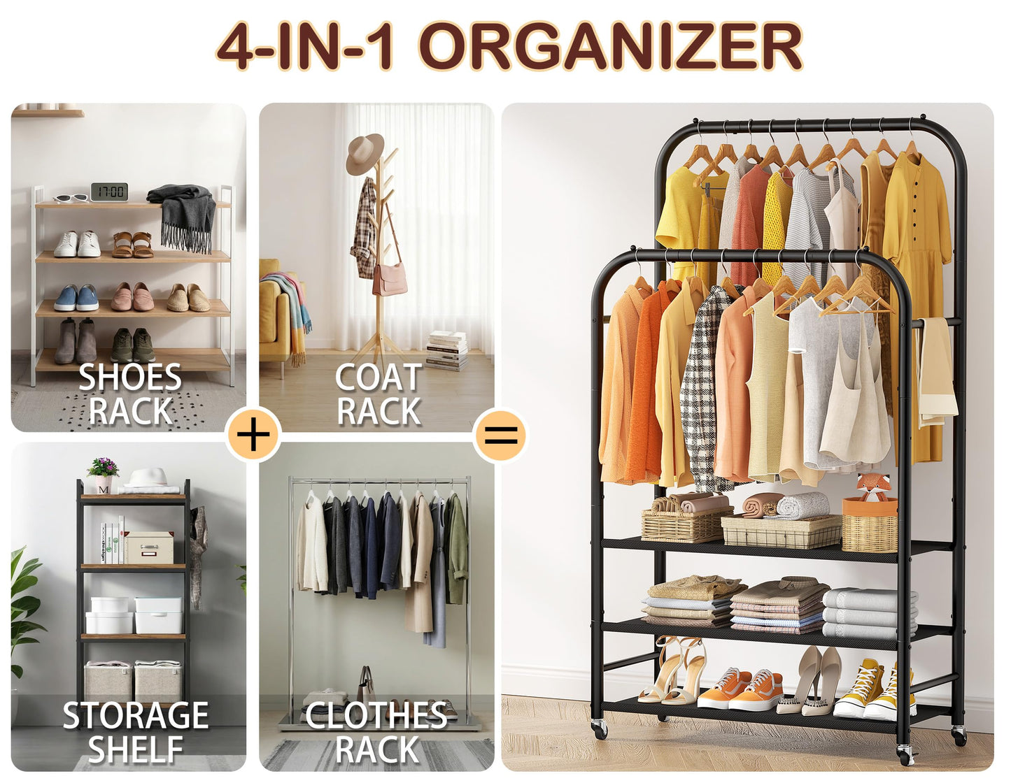 HOMIDEC Double Rods Clothes Rack Clothing Rack with 3 Tier Storage Shelves Clothes Rack for Hanging Clothes Multifunctional Clothes Organizer Bedroom,Wardrobe Closet,Shop,Black