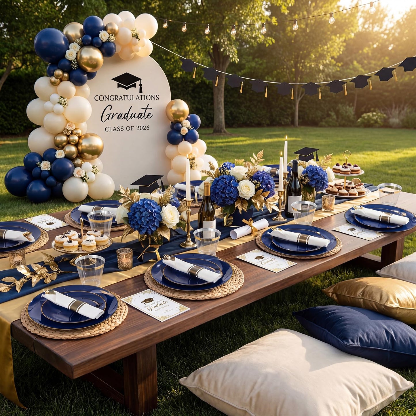 KIRE 175Pcs Blue Plastic Plates - Navy Blue Plates Disposable - 25 for Dinner 25 for Dessert 25 Pre Rolled Napkins with Gold Plastic Silverware and 25 Cups for Memorial Day/Graduation/Father's Day