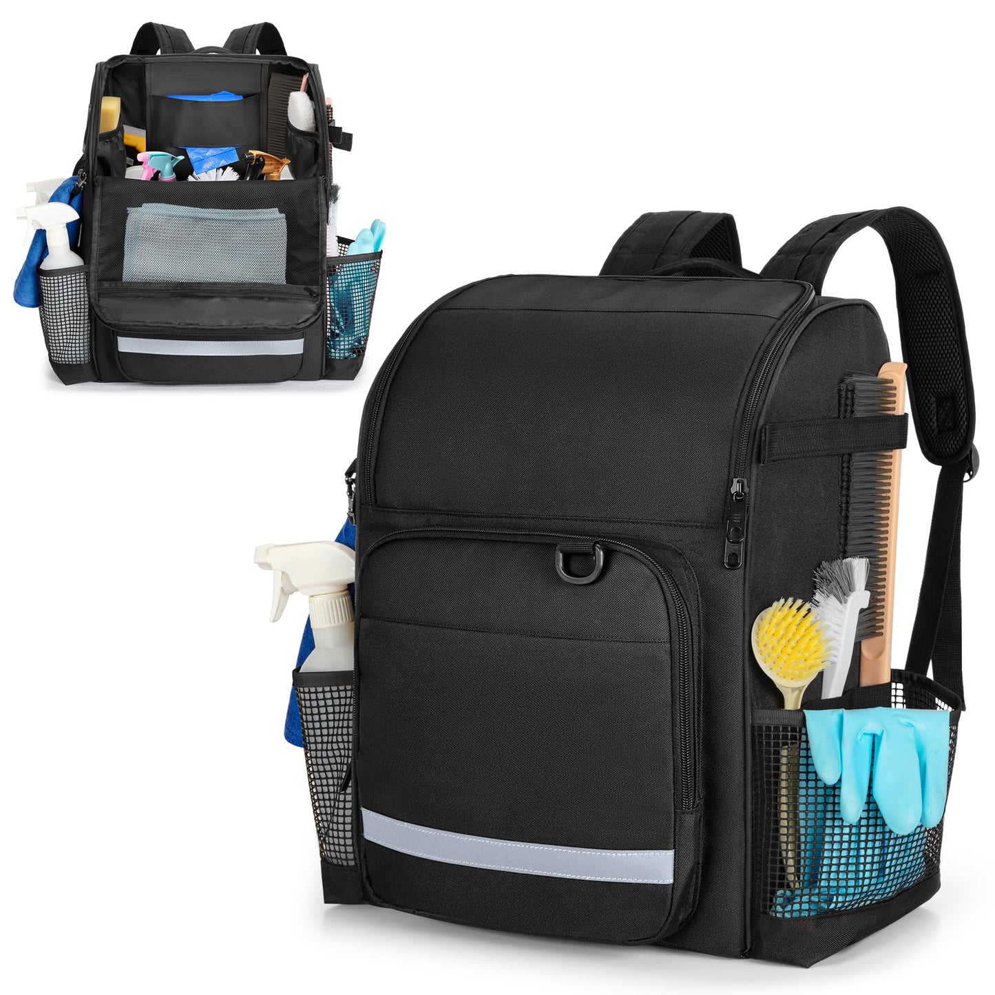 LoDrid Cleaning Bag with Thickened Adjustable Shoulder Straps, Large Cleaning Caddy Organizer with Multiple Pockets for Cleaning and Housework, Black (Patent Designed)