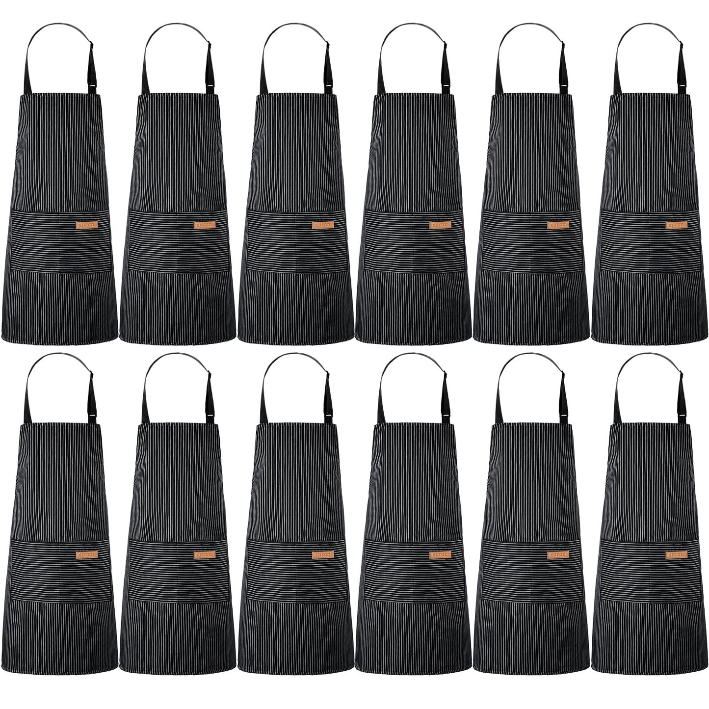 Handepo 12 Pcs Cotton Aprons for Women Men with Pockets Soft Adjustable Bib Stripe Aprons for Cooking Kitchen Chef(Black,Thin Stripes)