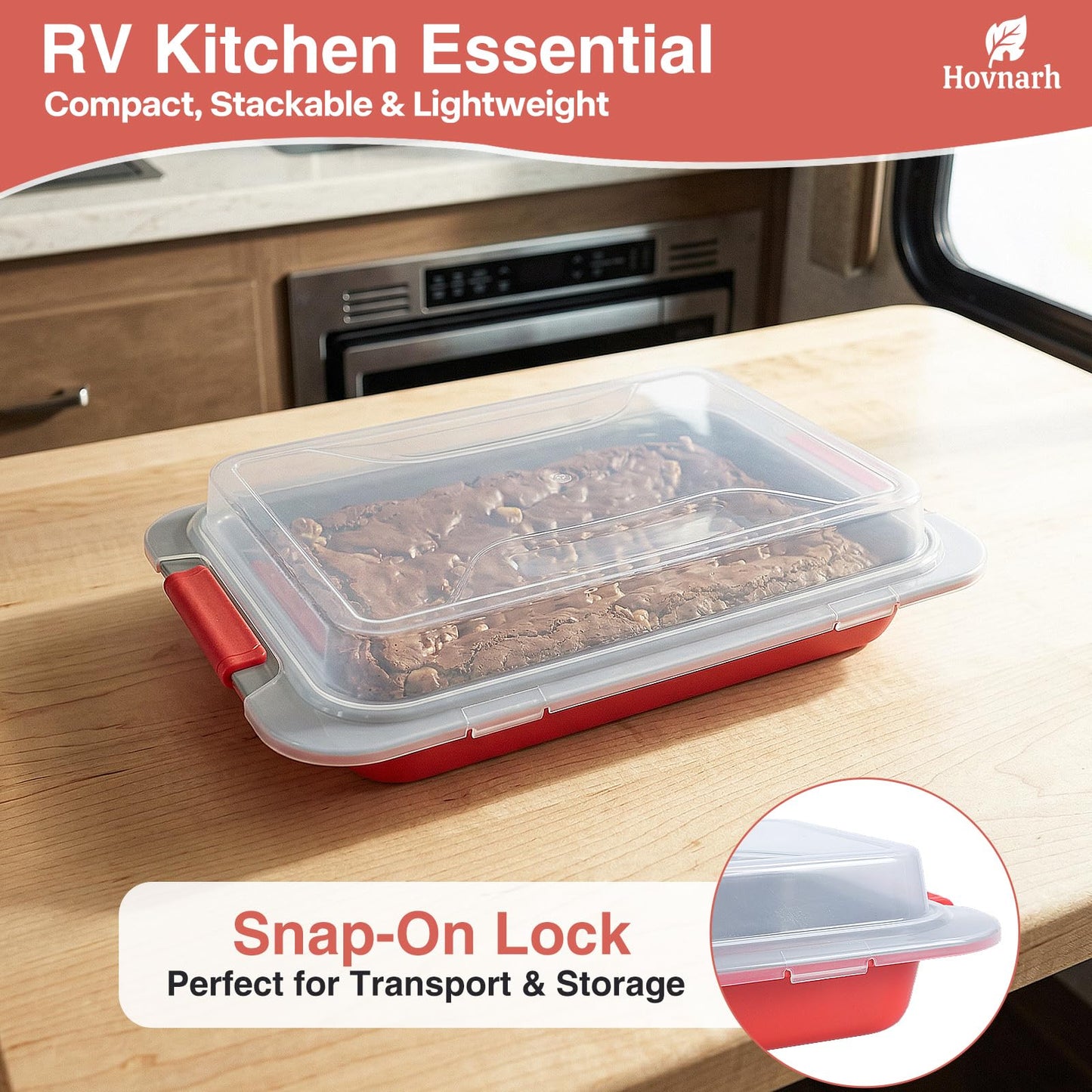 9x13 Baking Pan with Lid, Deep Nonstick Covered Cake Pan for RV & Convection Oven, Heavy Duty Warp-Resistant Pan with Silicone Handles, Snap-On Cover for Meal Prep, Storage, Transport (Coral Red)
