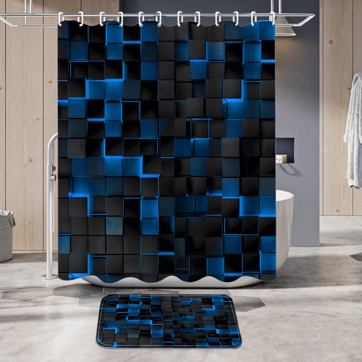 LQCOOL 4Pcs Blue Shower Curtain Set 3D Cubes Bathroom Sets Modern Shower Curtain Set for Bathroom Sets with Rugs Black and Blue Shower Curtain with 12 Hooks