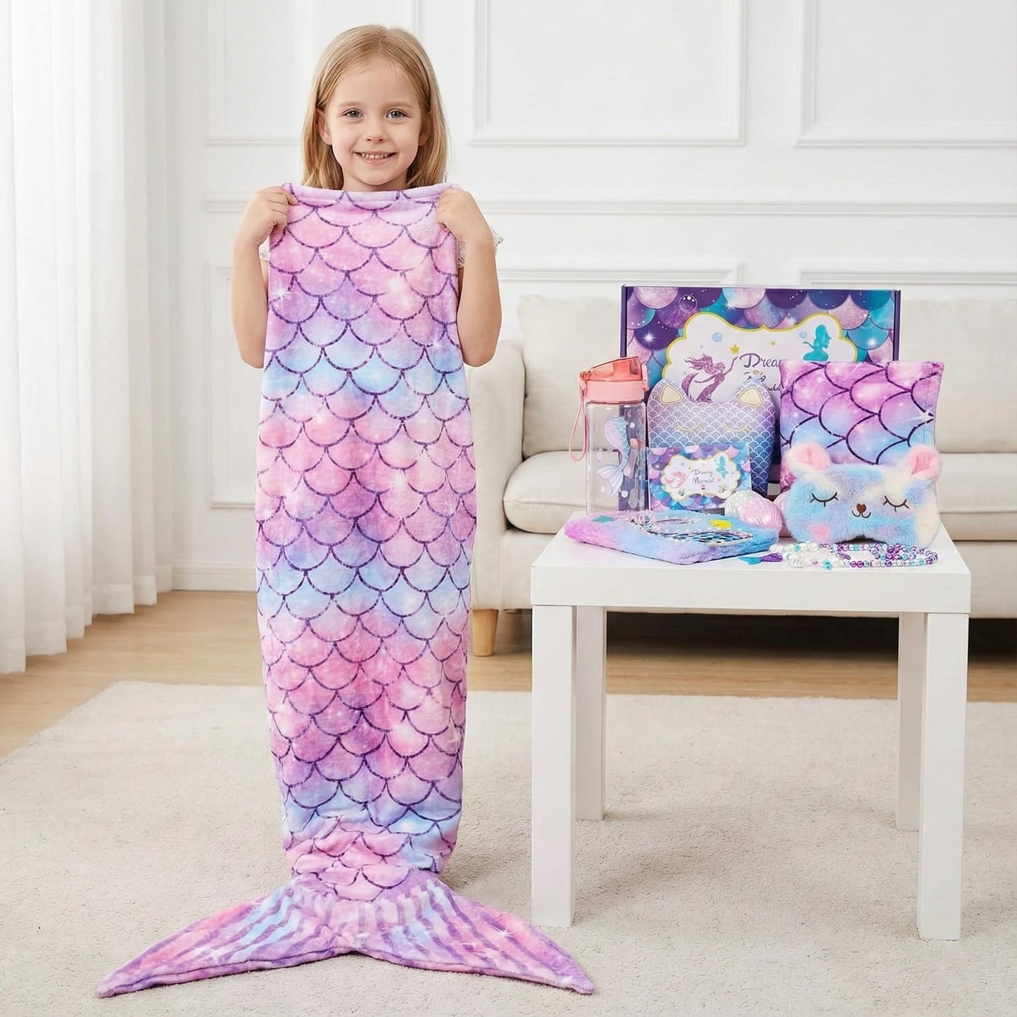 Mermaid Gifts for Girls 4-10 Year Old, 8Pc Gift Box with Mermaid Tail Blanket, Jewelry, Kids Purse, water bottle & Notebook, Birthday Toys for 4-6 8-10 Year Old Girl, Safe Non-Toxic Stationery Set