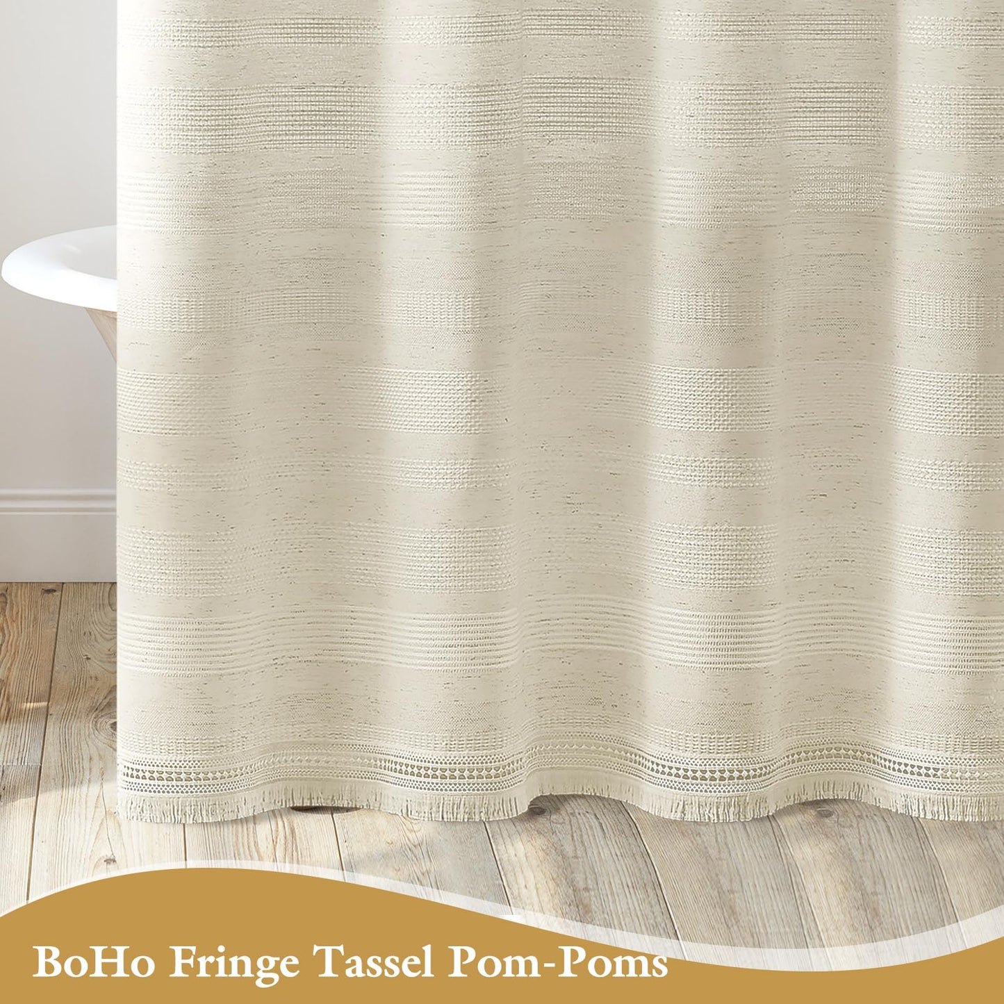 Craidlela Boho Farmhouse Shower Curtain Set with Tassel, Linen Bohemian French Country Chic Bathroom Shower Curtain Set, Modern Striped Textured Shower Curtain 72x72 - Beige/Cream