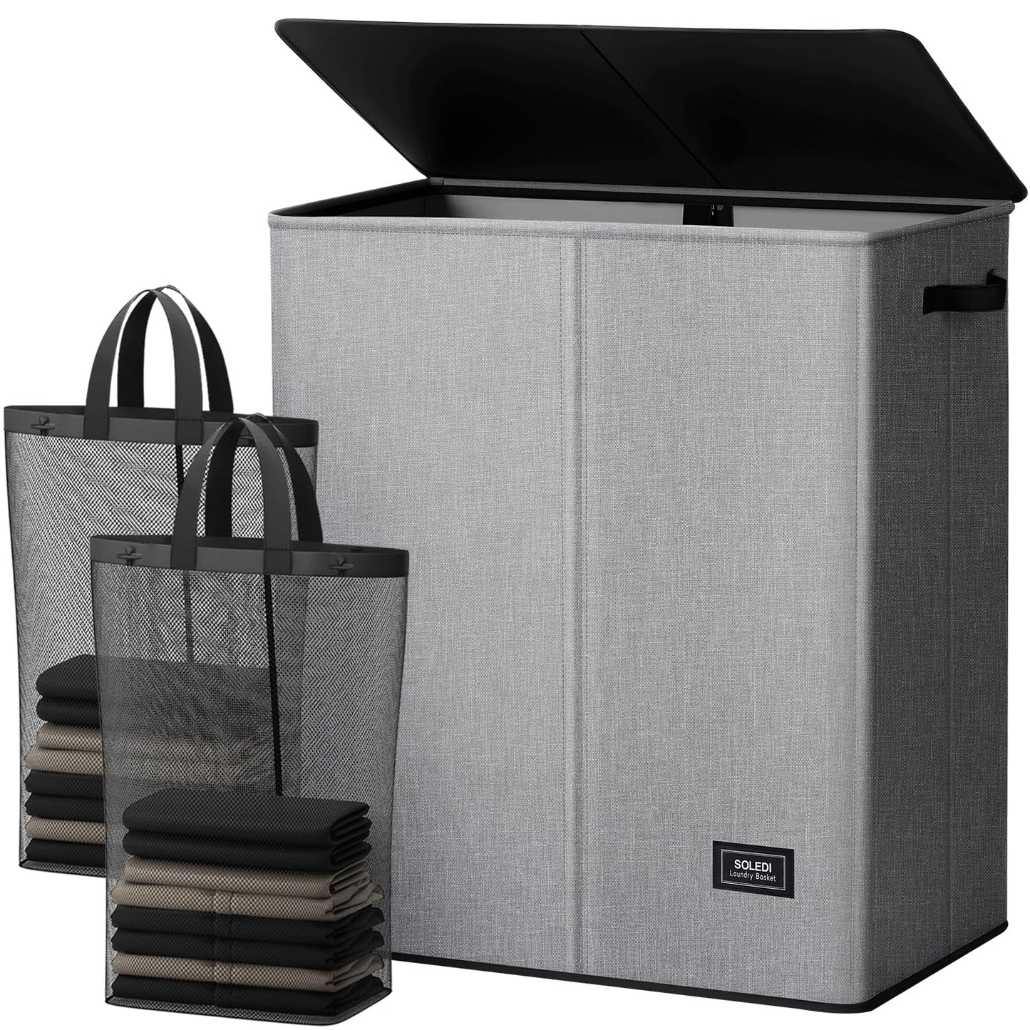 SOLEDI Double Laundry Basket with Lid and Removable bag, Large Laundry Hamper 2 Section with handles, Collapsible Dirty Clothes Hampers for Laundry, Bedroom, Dorm, College