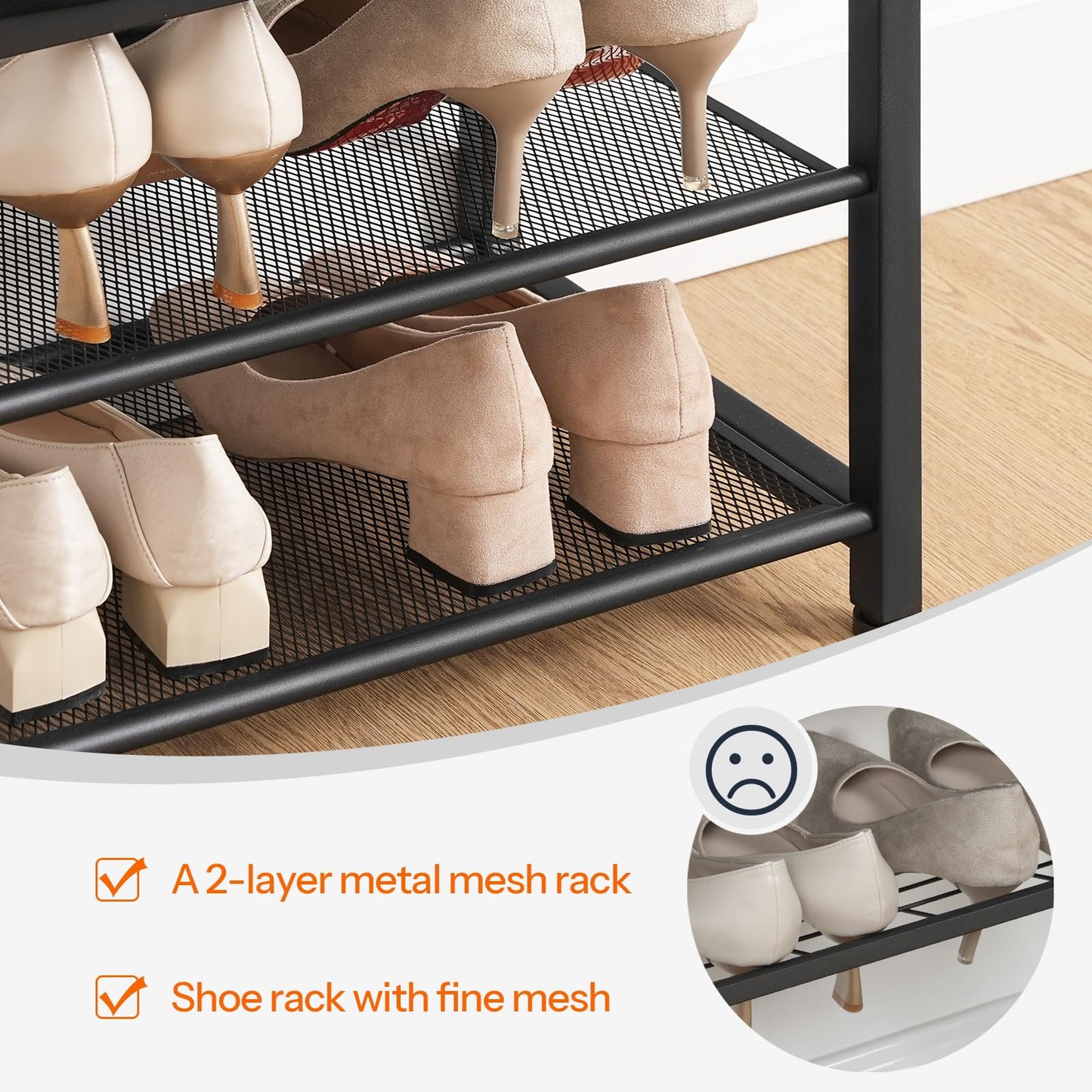 HOOBRO Small Shoe Bench, 3-Tier Shoe Rack, Shoe Storage Bench with PU Seat Cushion, Entryway Shoe Rack Bench with Metal Mesh Shelves, Freestanding Shoe Organizer for Hallway, Black BB33HX01