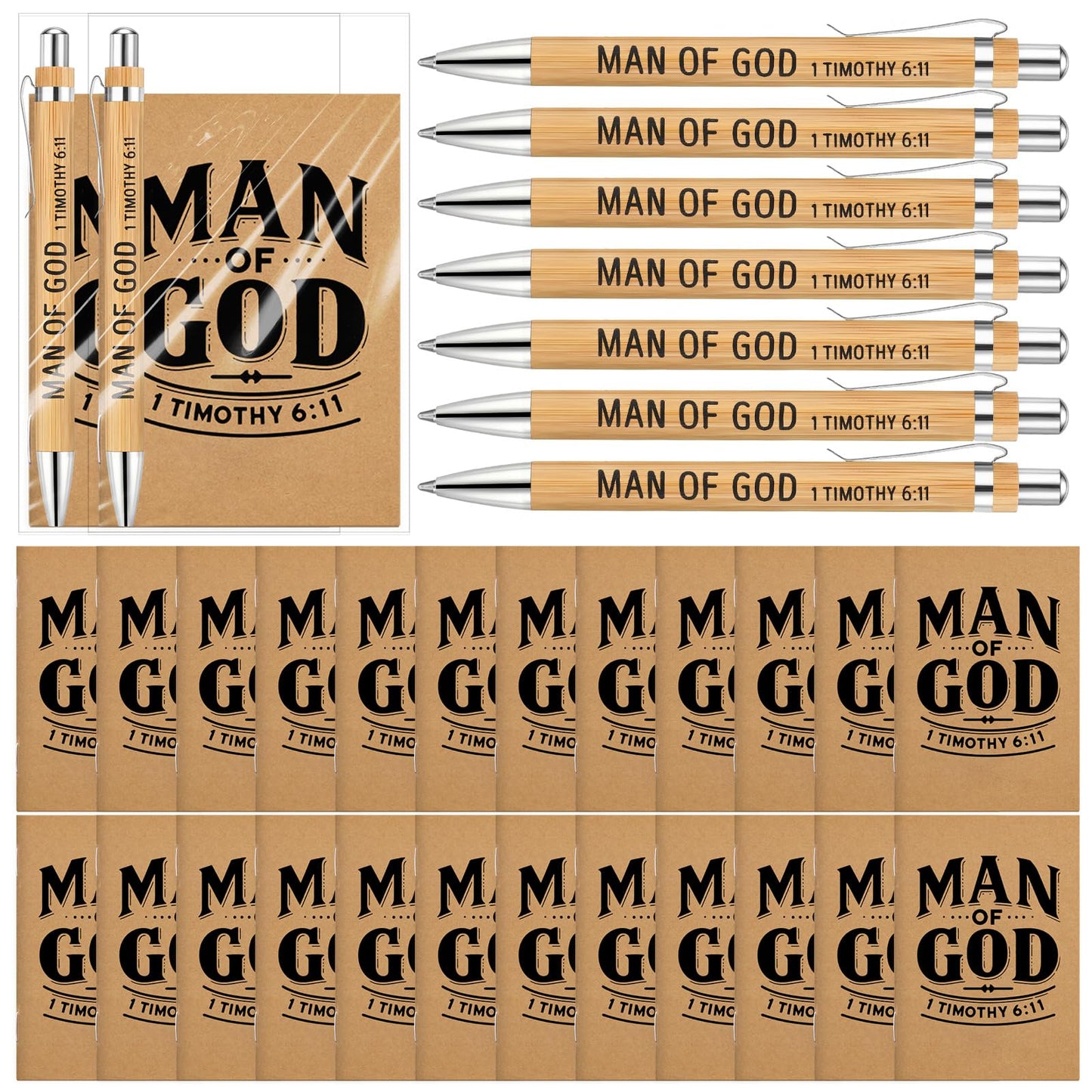 Sinload 50 Set Father's Day Christian Gifts for Men Man of God Gifts 1 Timothy 6: 11 Man of God Notebook and Pen Set Religious Prayer Journal Bible Verse Notepad Bamboo Pen