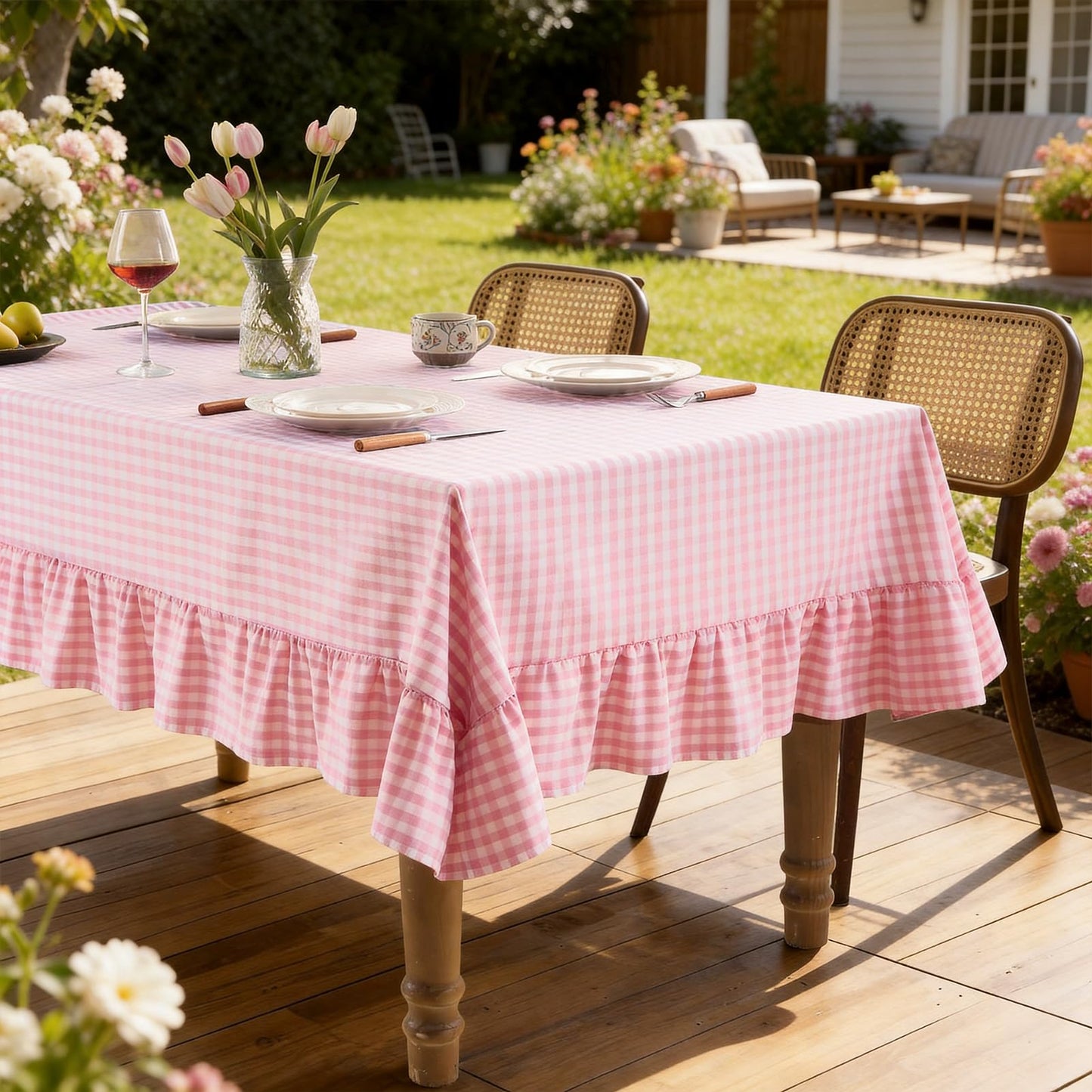 Romanstile Gingham Ruffled Tablecloth Rectangle - Waterproof Linen Cotton Checkered Table Cloth, Outdoor Plaid Table Cover for Picnic, Camping, Party - 60 x 84 Inch, Pink