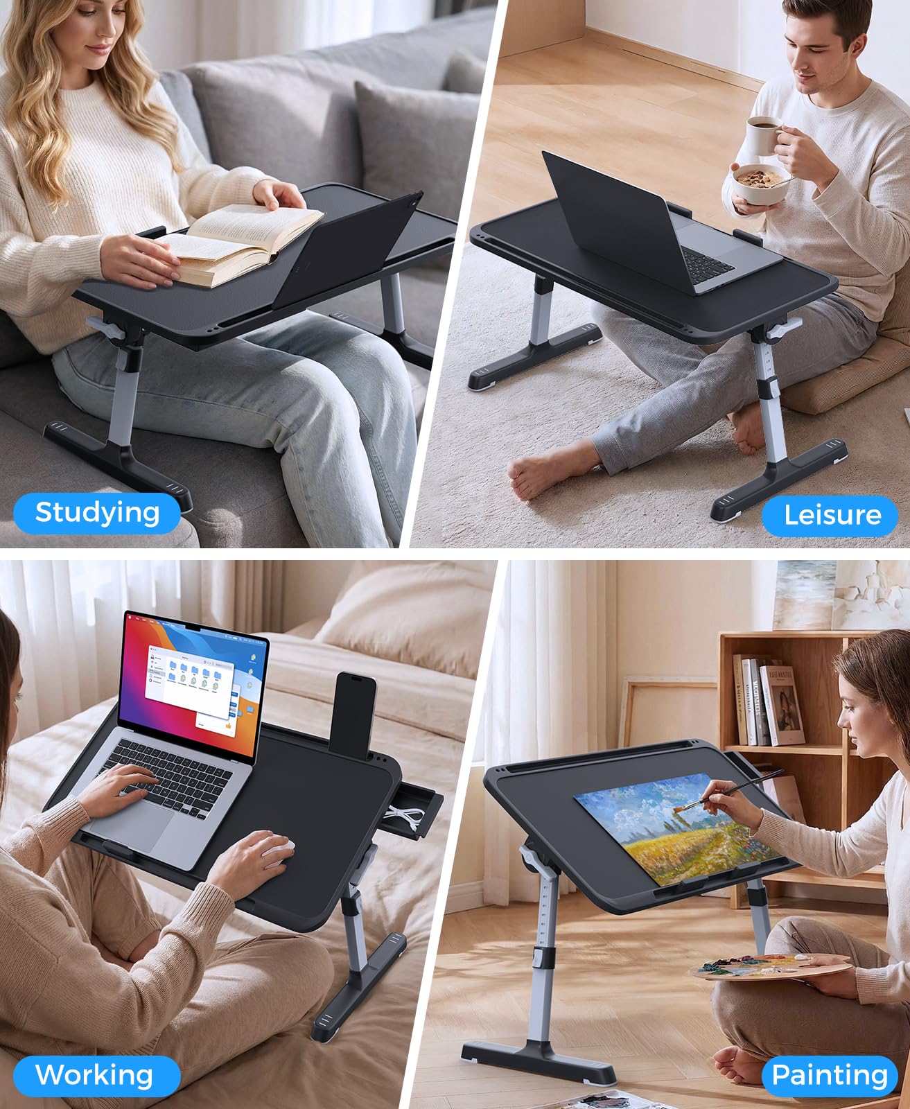 HETTHI Laptop Bed Tray Table, Adjustable Sturdy Laptop Stand for Bed with Premium Materials, Folding Portable Lap Desk with Drawer for Writing Working Reading Eating Couch Floor (Black, 22.04"×12.2")