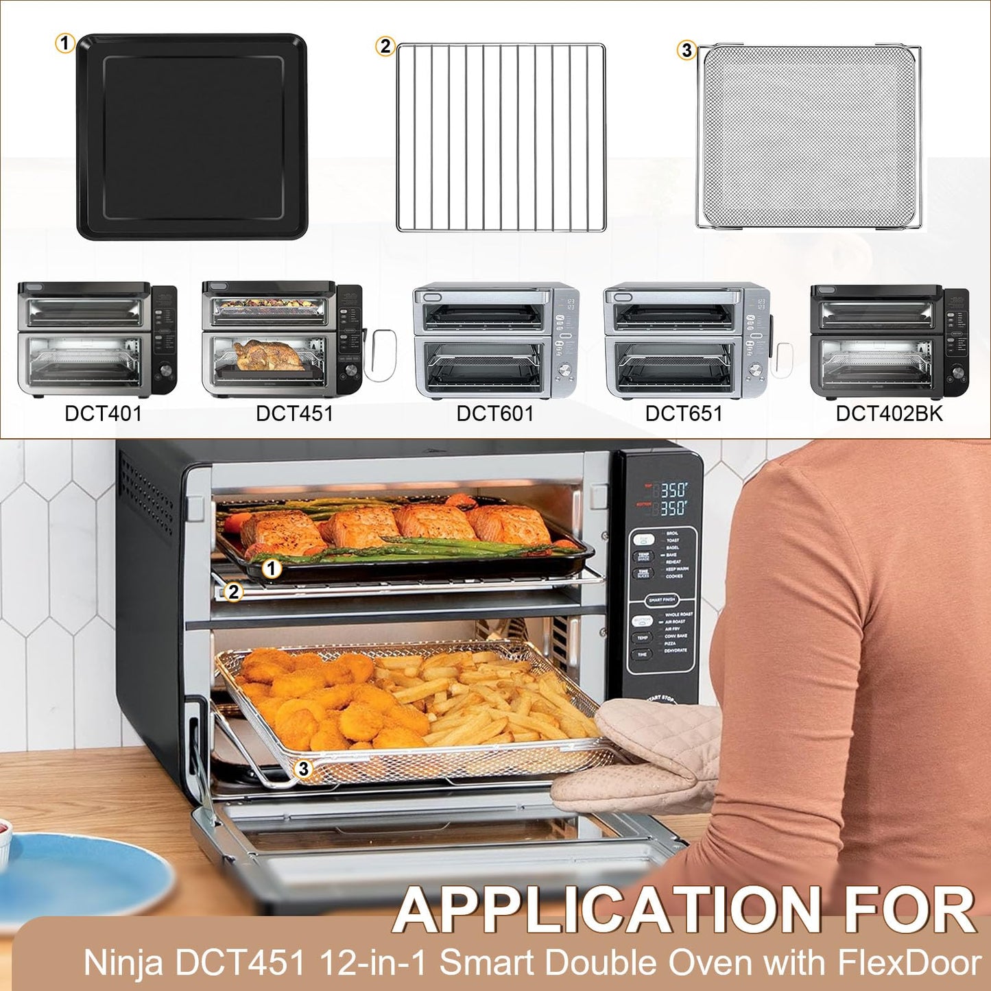 3 IN 1 Smart Double Oven Accessories for Ninja DCT401 DCT451 12 in 1, 13''×12.6'' Steel Toaster Oven Replacement Parts Accessories Dehydrator Grill Rack for Ninja DCT601 DCT651 DCT402BK Smart Oven
